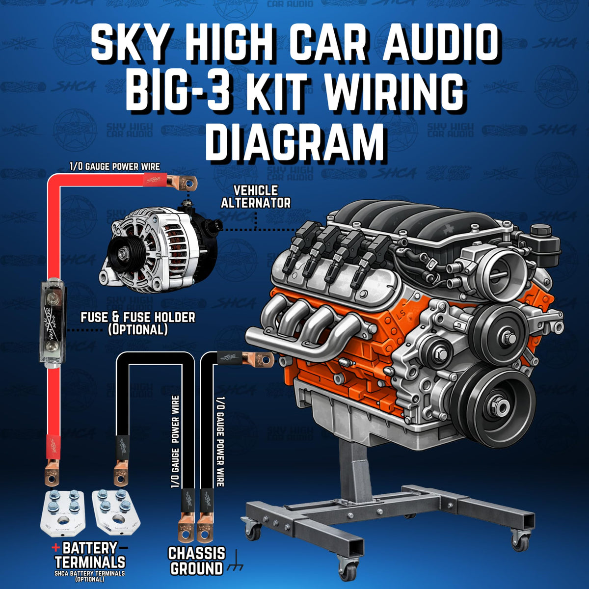 Sky High Oversized 1/0 Gauge AWG Big 3 Upgrade Green/Black Electrical Wiring Kit
