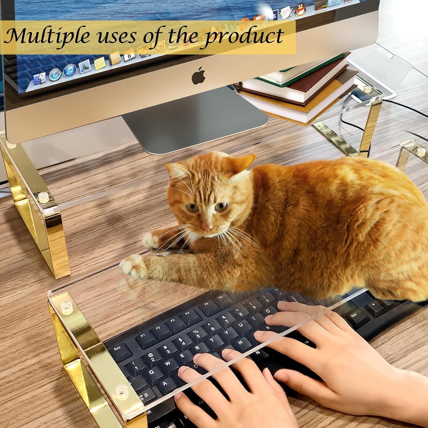Keyboard Cat Protector - 20" Large Monitor Stand 2 in 1 Clear Acrylic Keyboard Cover Long Acrylic Monitor Stand Keyboard Protective Cover for Desk 108