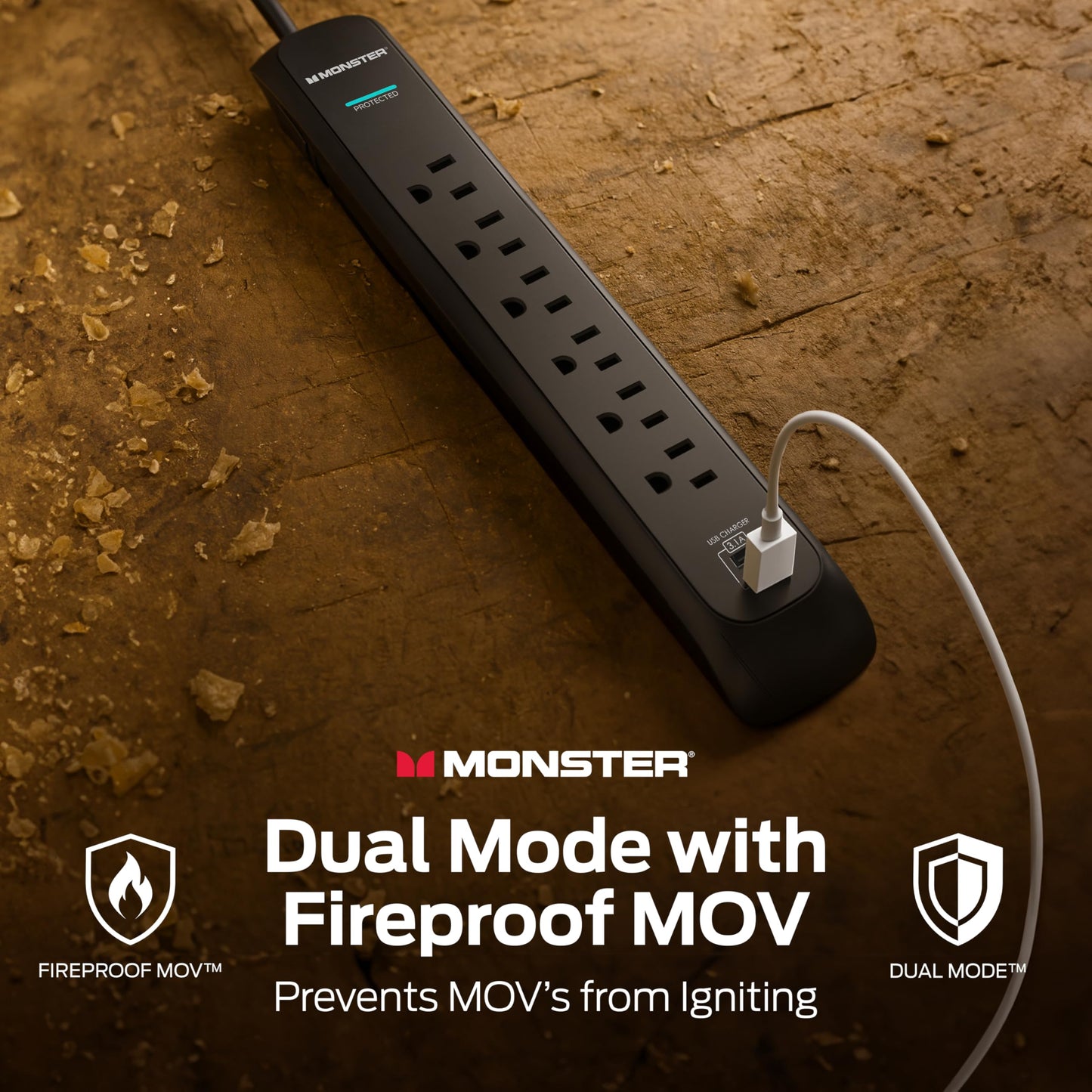 Monster Power Surge Protector w/ 1200 Joule Rating - Heavy Duty 6 FT Surge Protector Power Strip w/ 6 120V Outlets, 2 USB-A Ports - Fireproof MOV