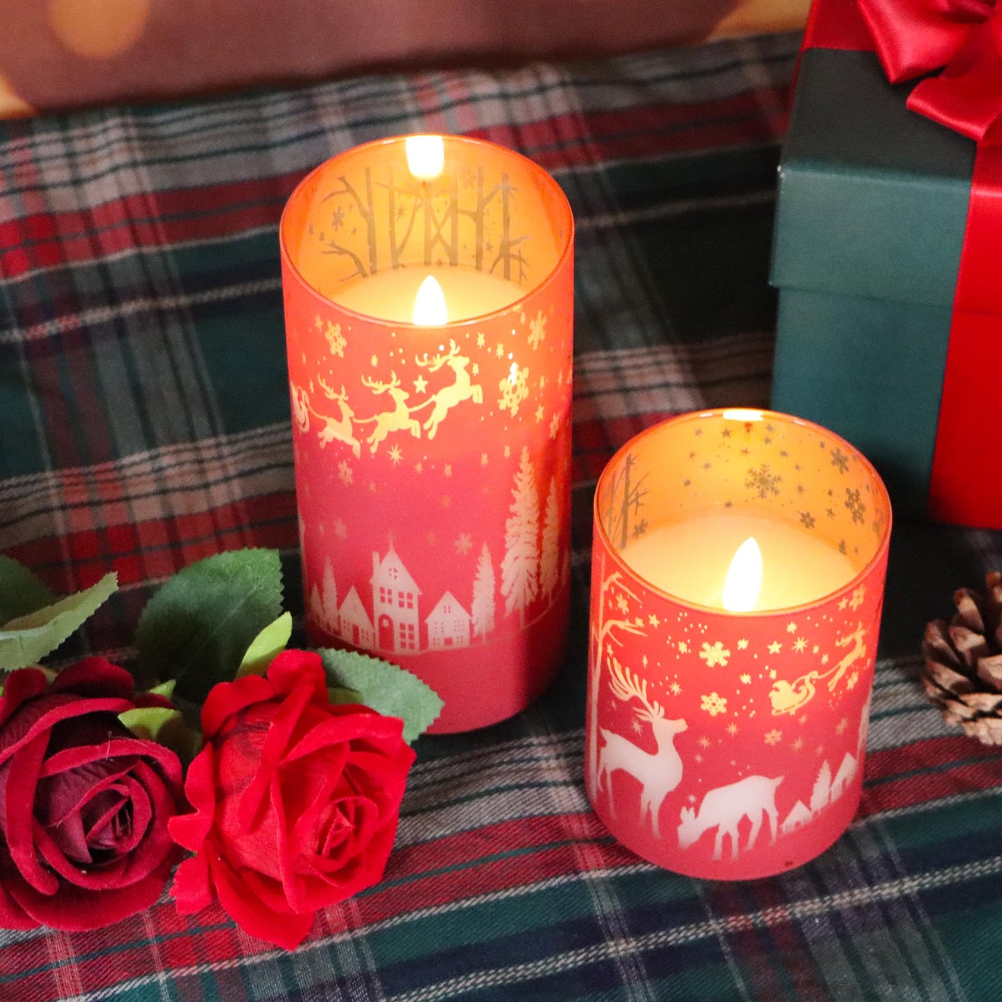 Daord LED Candles Flameless Candle with Remote Control and Timer Glass Covered Cups Real Wax for Christmas Thanksgiving Party Decor (3pcs?Red)