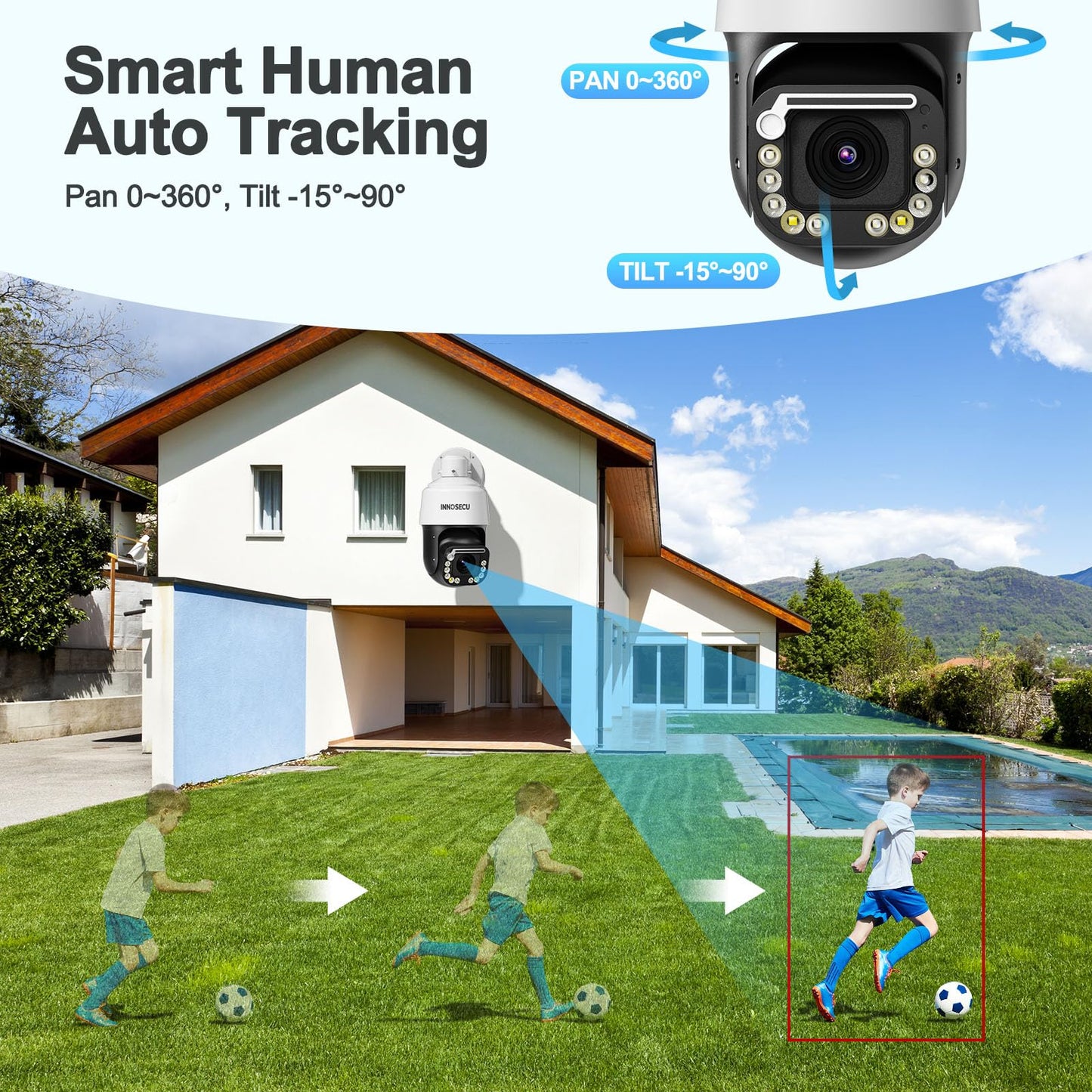 INNOSECU 6MP PTZ POE Camera, Auto Human Tracking Dome Camera, Pan 360?, Tilt-15? ~ 90?, 20X Optical Zoom Lens, Smart Dual Light Color Night Vision