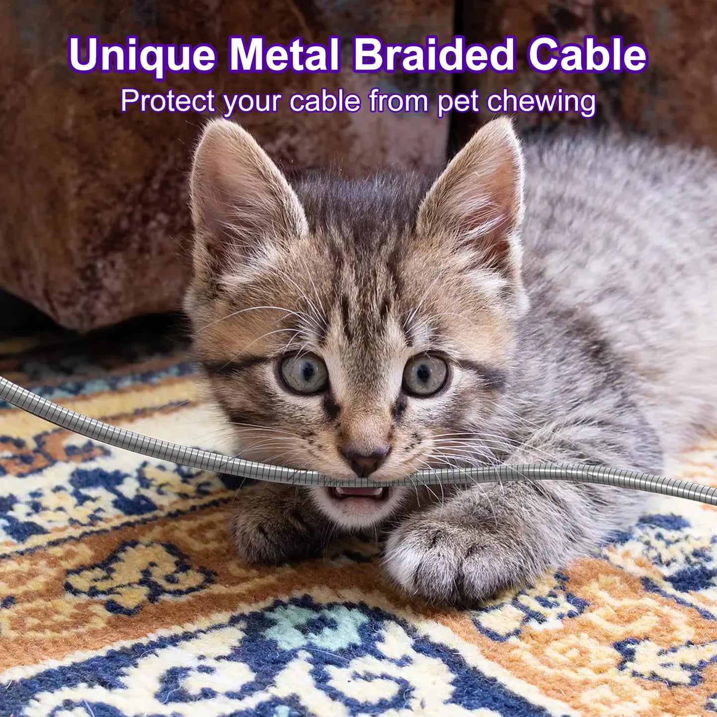 6FT Chew Proof iPhone Charger Cord - MFi Certified Silver Metal Braided USB to Lightning Cable, Metal Dog Cat Chew Proof iPhone Charging Cord…