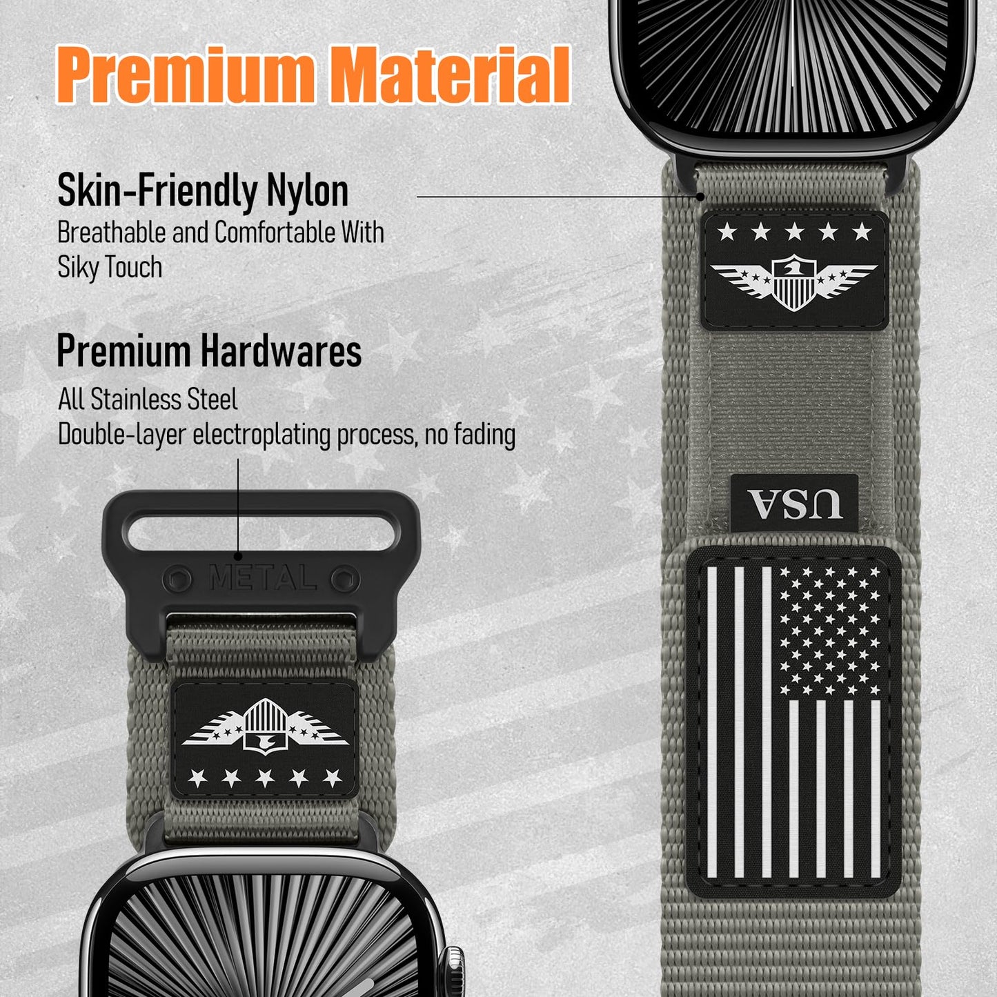 Rugged Nylon for Apple Watch Band for Men Series 11/10/9/8/7/6/SE/5/4/3/2/1 iWatch Bands Man,Soft Woven Adjustable Stars-Stripes Flag Wristbands Strap