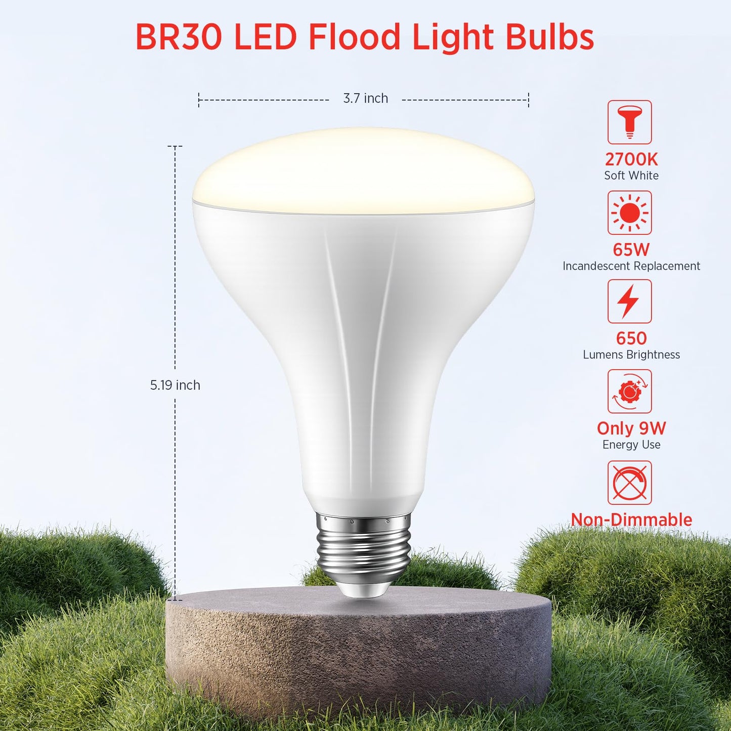 BR30 LED Light Bulb 4PK, 9W=65W, 650LM, 2700K Soft White, CRI90, Non-Dim