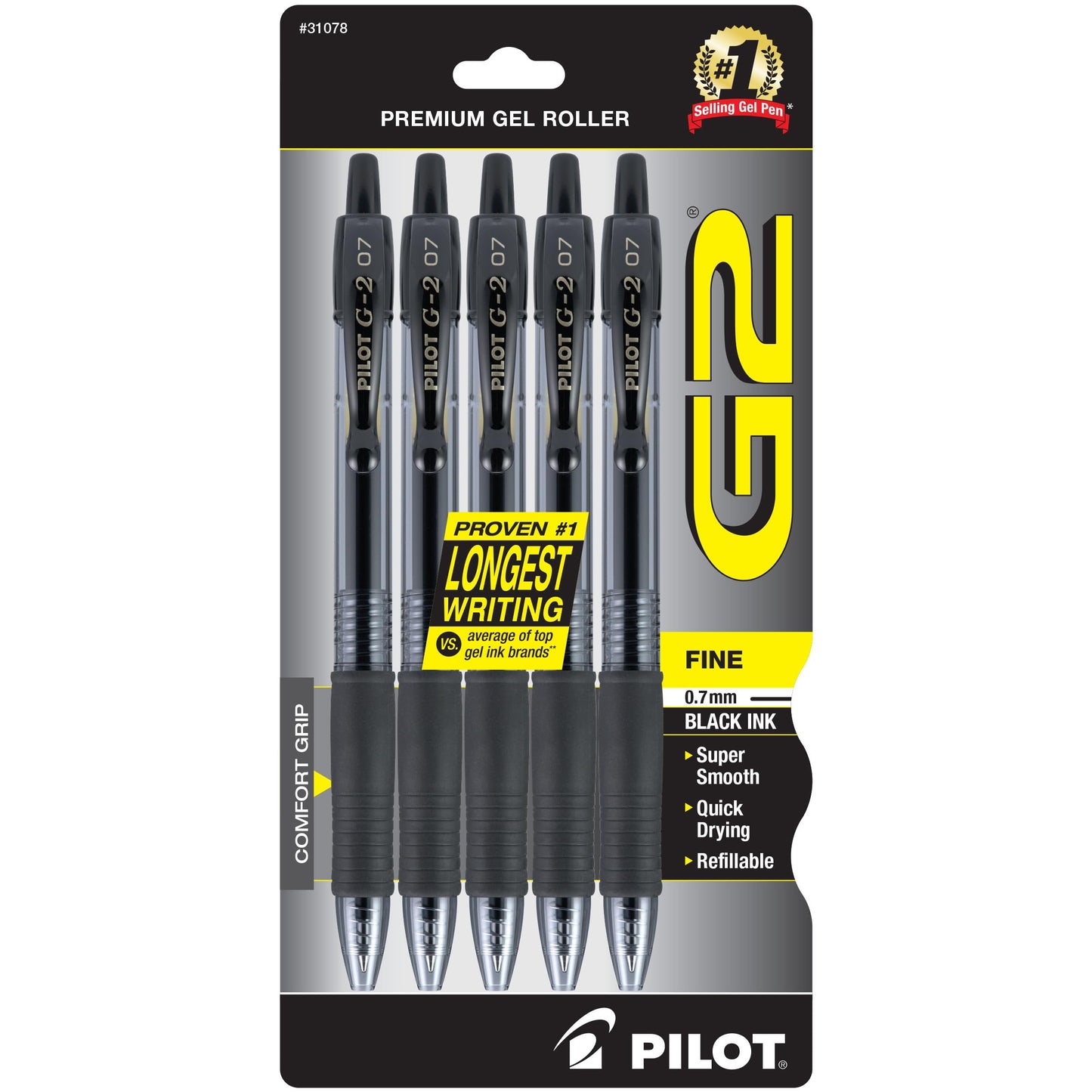 Pilot G2 Pens, Premium Refillable and Retractable Rolling Ball Gel Pens, Fine Point, 0.7mm, Black Ink, 5-Pack