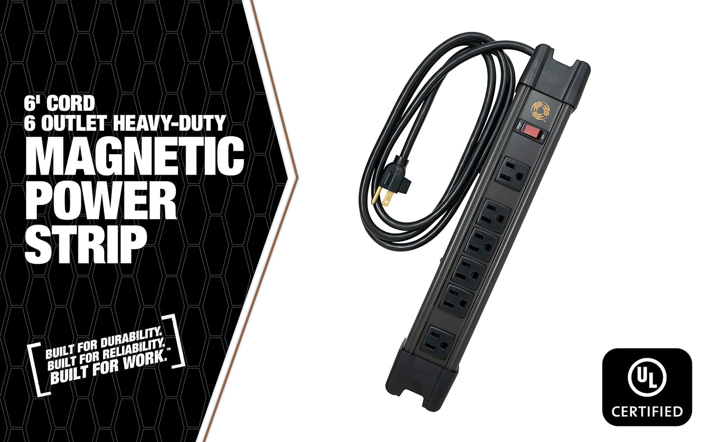 Southwire 6 Outlet Metal Magnetic Power Strip - 2 Rare Earth Magnets - 6 Foot Cord with Integrated Cord Management - Magnetic Power Strip - Lighted