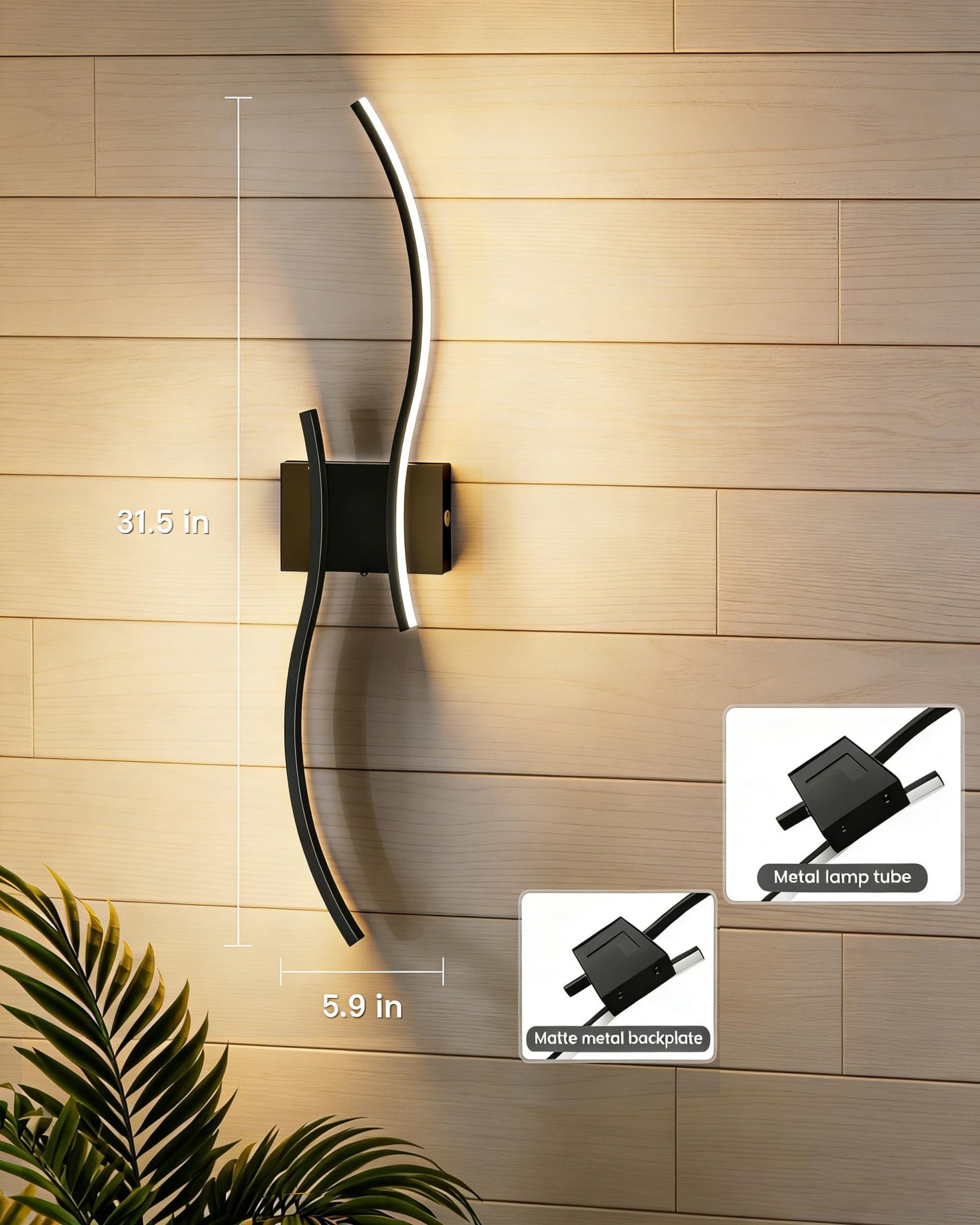 FONSHUKYY Wall Sconces Set of 2 Modern Hardwired - 31.5" Large LED Wall Lights Matte Black Scone - for Bedroom Living Room TV Wall, 3 Color