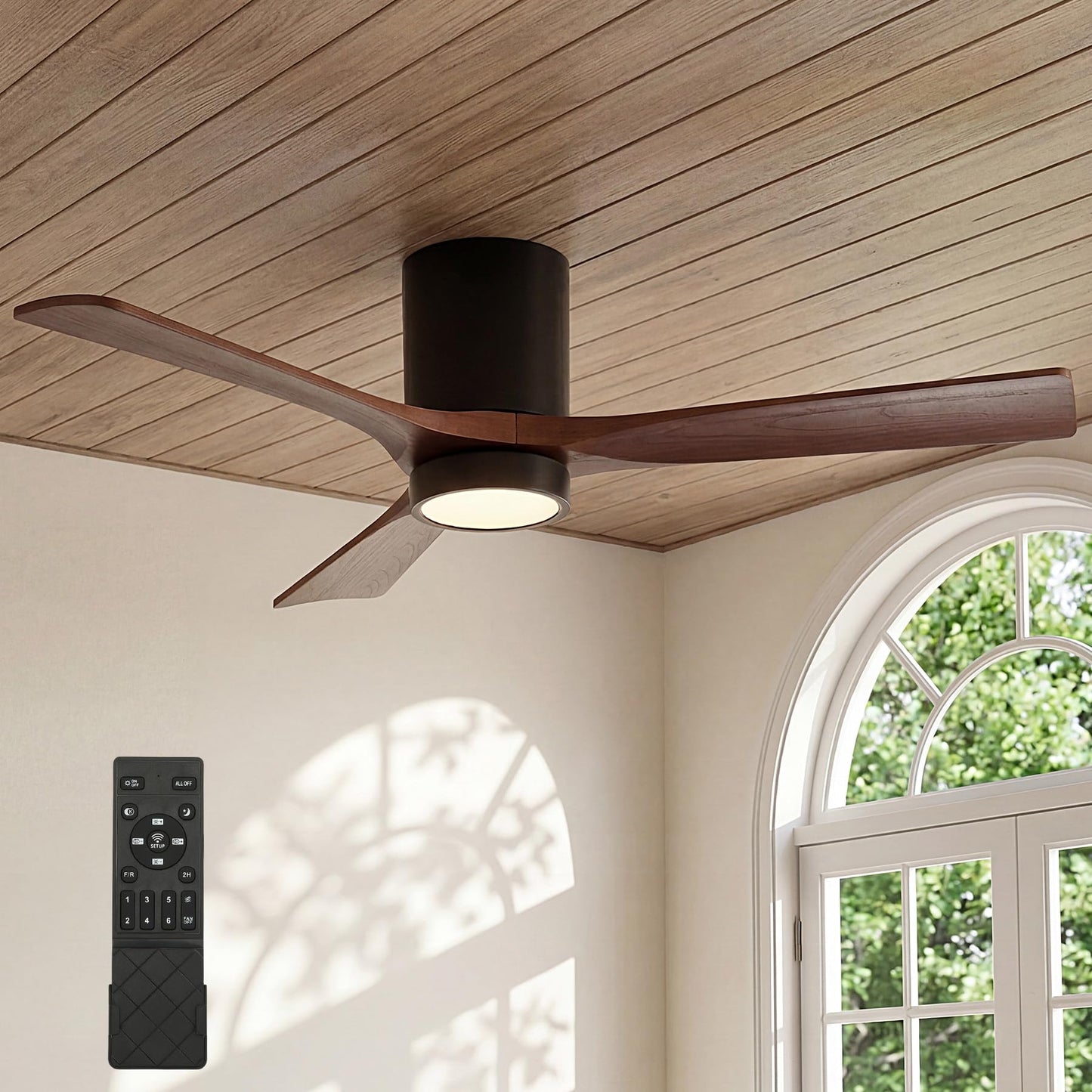 Tribesigns 52 inch Ceiling Fans with Lights, Low Profile Ceiling Fan with Remote Control, 3 Solid Wood Blades, Reversible, 3CCT, Dimmable, Flush Mount
