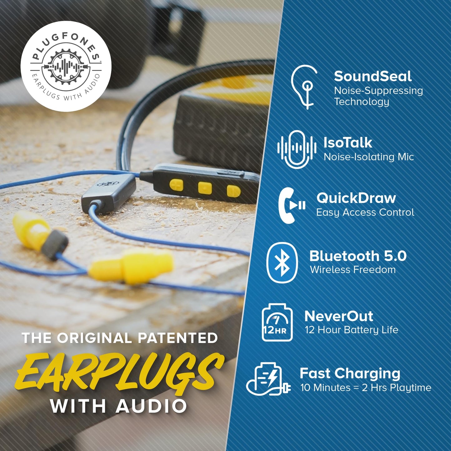 Plugfones Liberate 2.0 Wireless Bluetooth in-Ear Earplug Earbuds- 29NRR Noise Reduction Headphones with Noise Isolating Mic and Controls (Blue