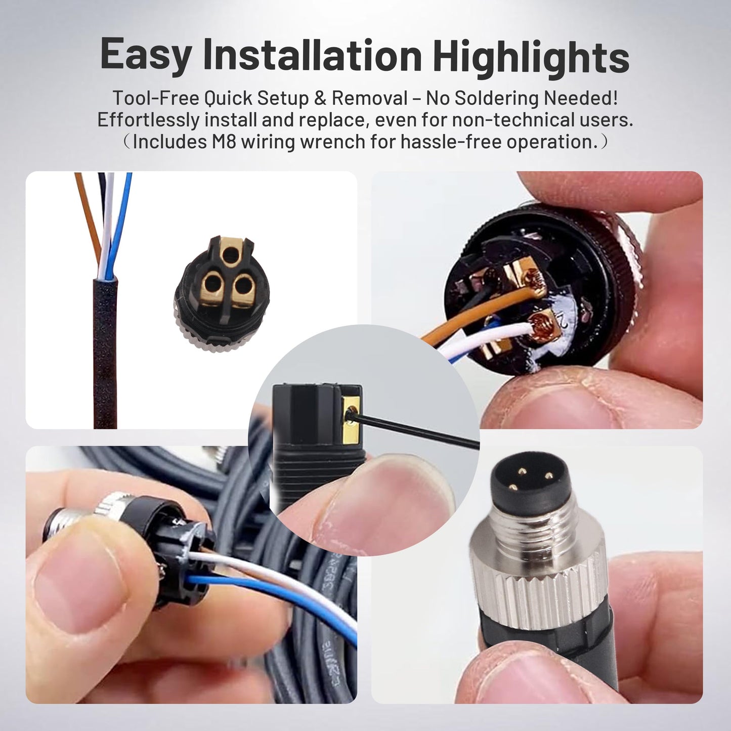 M8 3 Pin Connector Field Wireable Screw Termination A Code Female Plug Straight Non-Shield Connector, 8mm Industrial Circular Connector, Outdoor