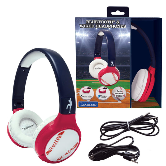 LEXiBOOK, Baseball, 2-in-1 Bluetooth & Wired Headphones with Microphone and Control Buttons, Foldable and Adjustable, Long-Lasting Rechargeable…
