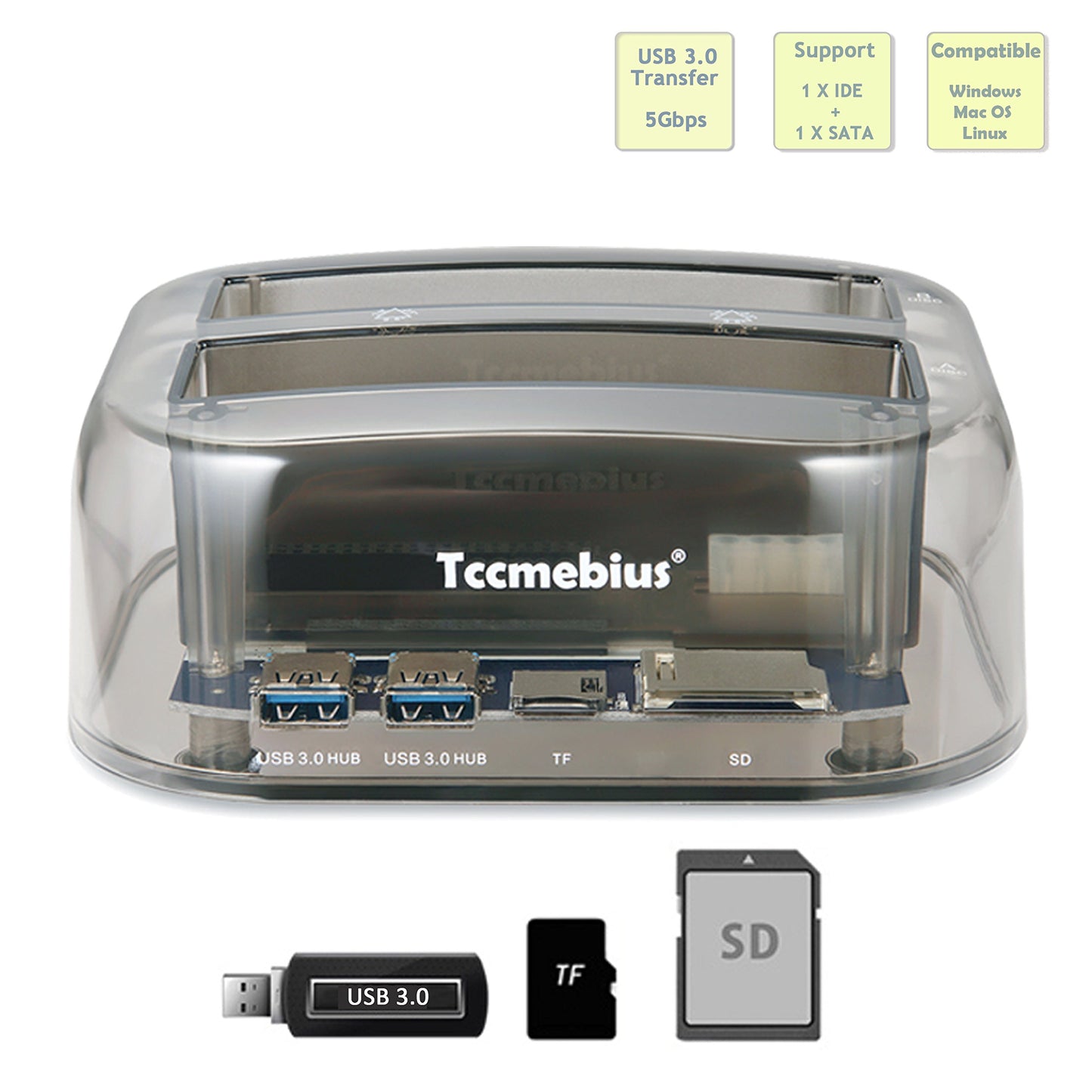 Tccmebius TCC-S865 USB 3.0 to SATA IDE Dual Slots External Transparent Hard Drive Docking Station with Card Reader and 2 Ports USB 3.0 Hub for 2.5 3.5