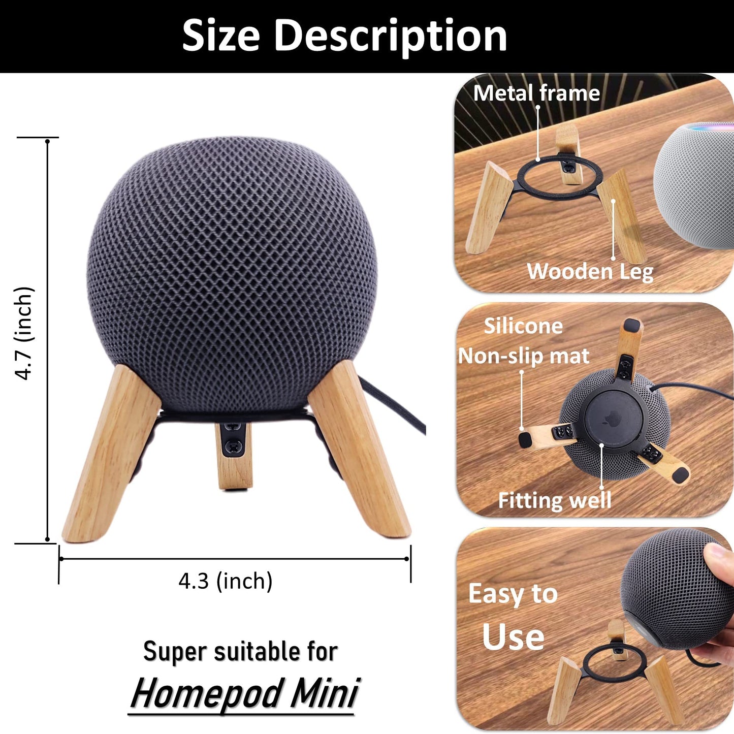 Real Wood Stand for Homepod mini,Wooden Tripod with Metal Frame,Safe Stable Holder Mount with Anti-Slip Silicone pad Protects Home pod mini Smart
