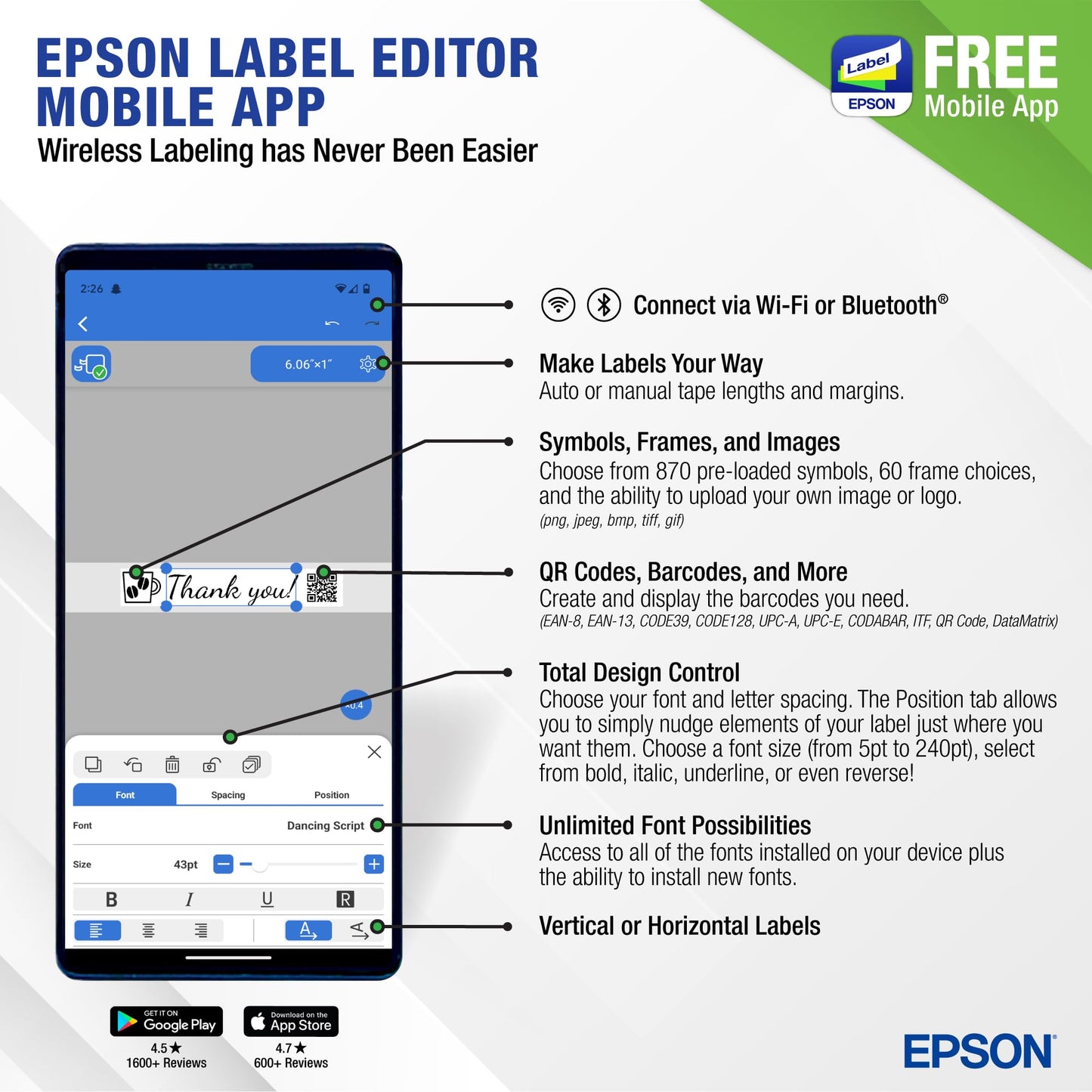 LABELWORKS Epson LW-C410PX Portable Bluetooth Label Machine Printer for Home and Office - Efficient, Create Sticker Labels for Crafts