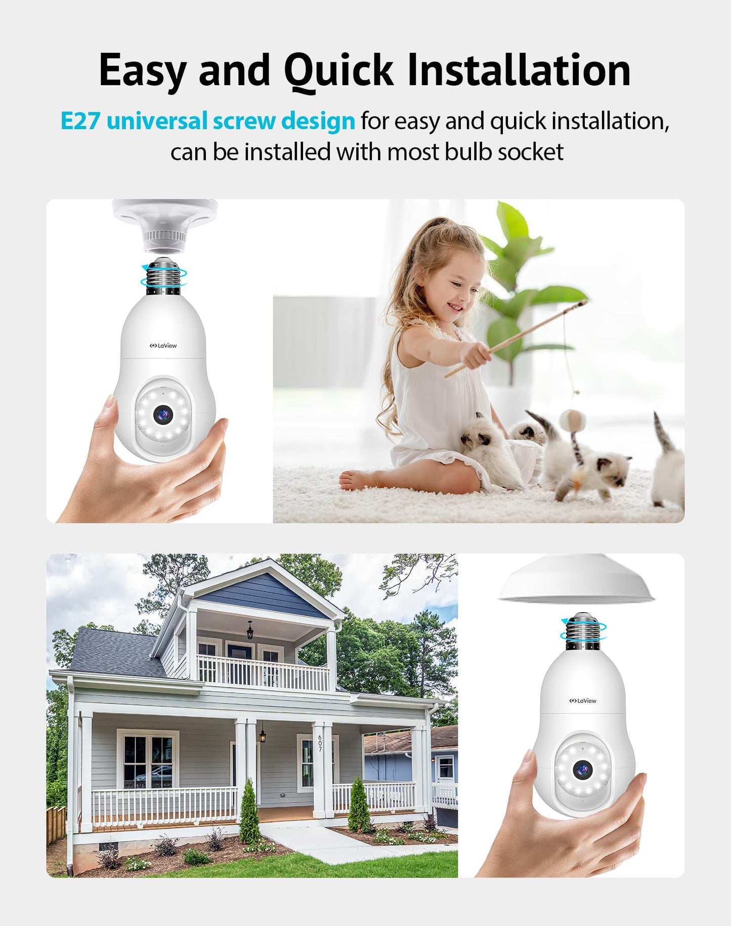 LaView 4MP Bulb Security Camera 2.4GHz,360° 2K Security Cameras Wireless Outdoor Indoor Full Color Day and Night, Motion Detection, Audible Alarm