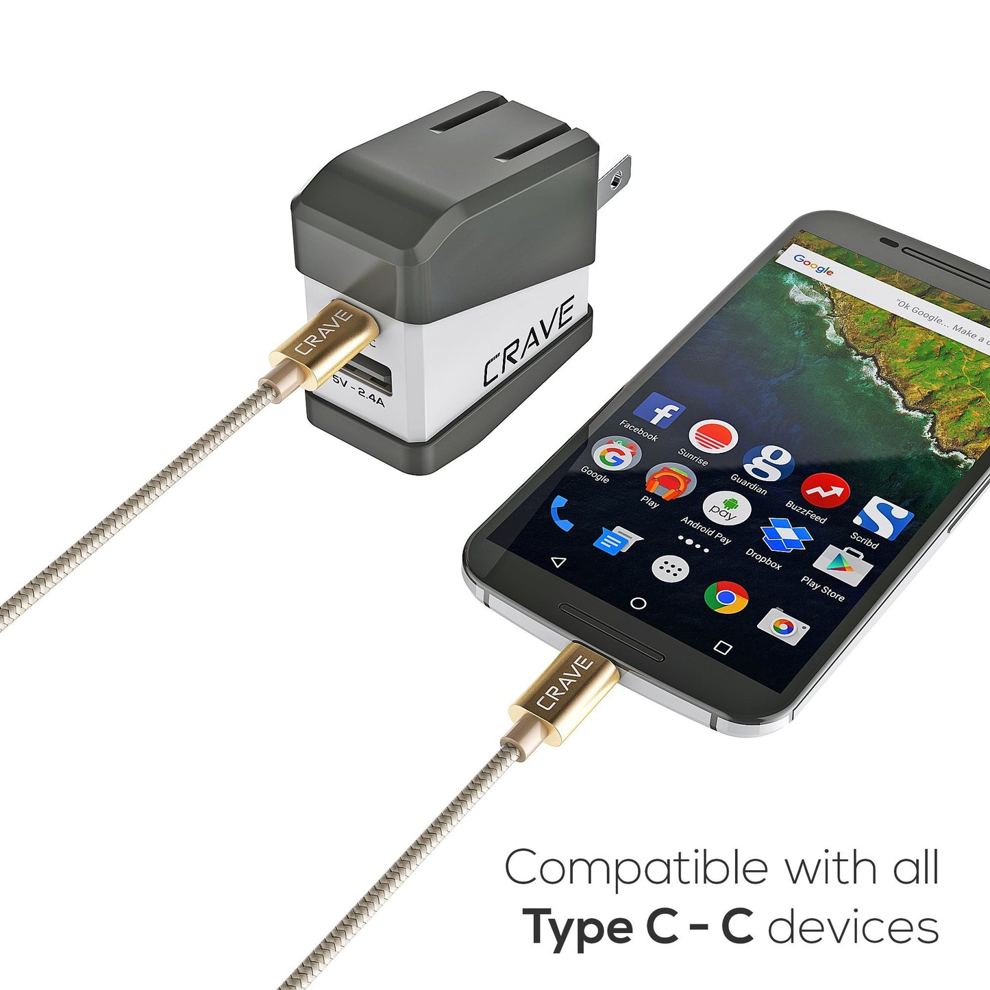 Type C Cable, Type C to Type C Cable - Crave Premium Nylon Braided High Speed 2.0 Cable 3 FT - Gold