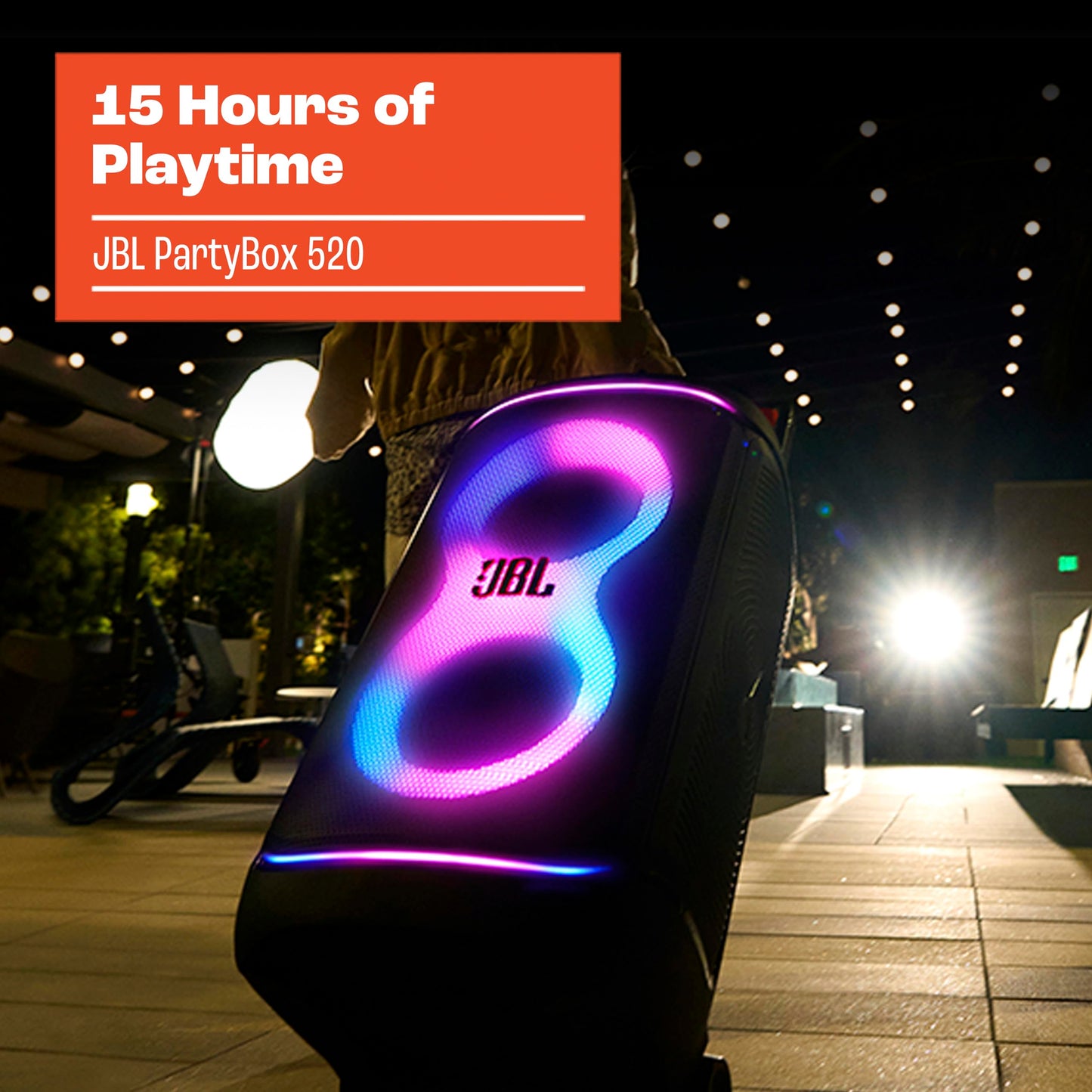 JBL PartyBox 520 - Portable Battery-Powered Party Speaker with AI Sound Boost, Up to 15 Hours of Play time, IPX4 Splash Proof, Multi-Speaker