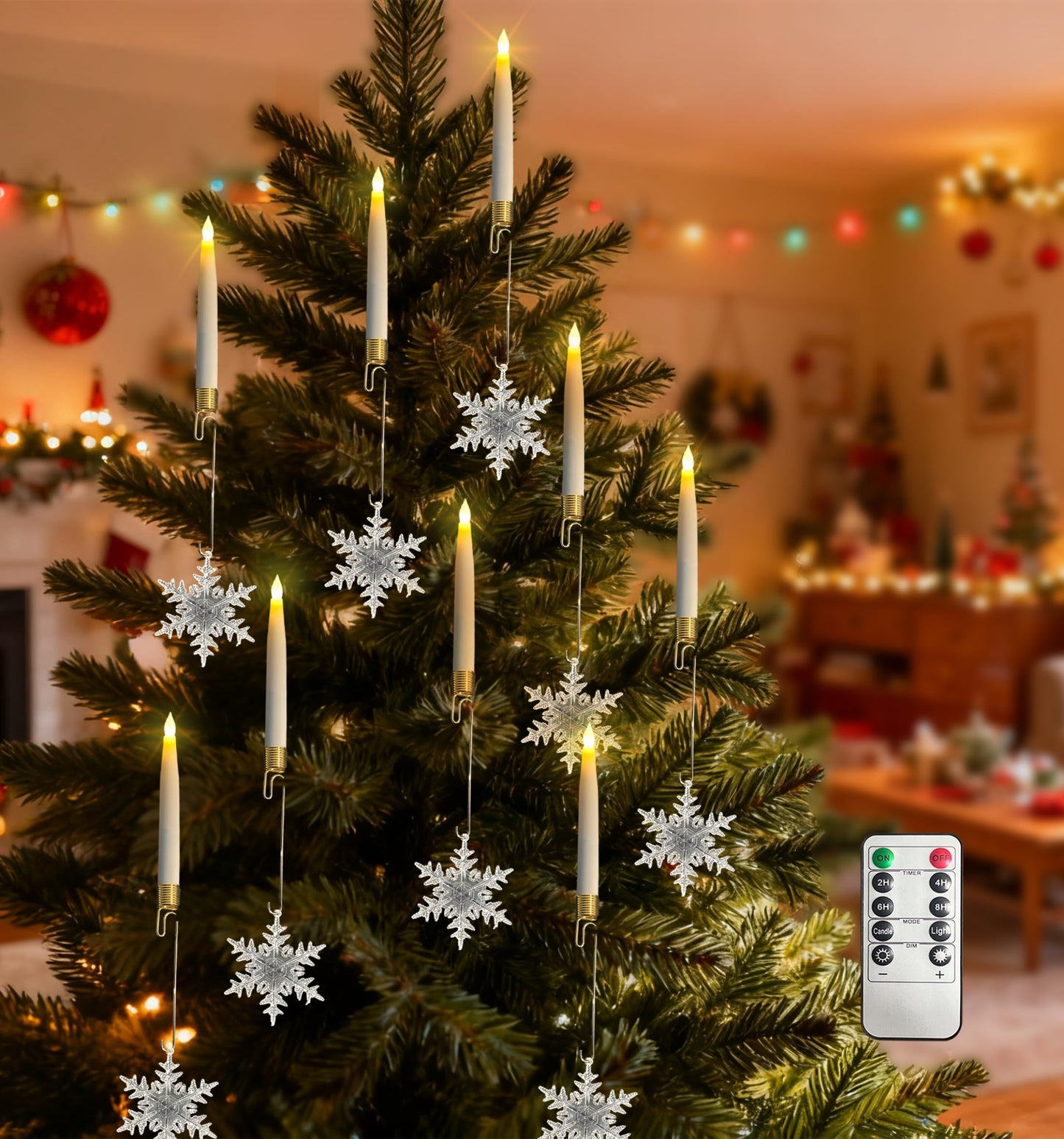Htscudtg Christmas Tree Candles with Remote, 5 Pcs LED Flameless Taper Candles with Clear Snowflake for Christmas Tree Decor, Battery Operated Tree