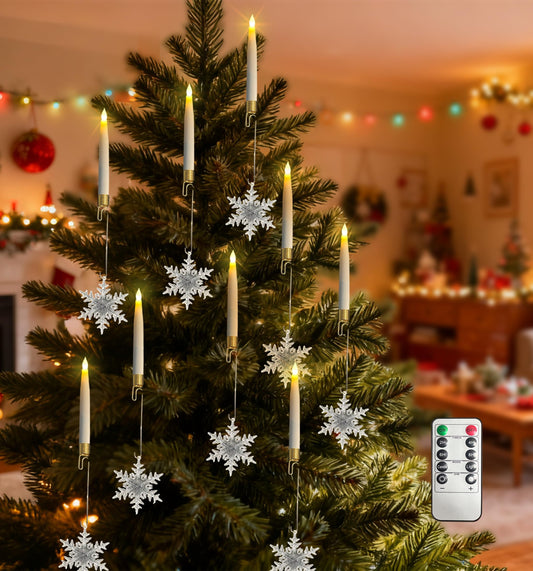 Htscudtg Christmas Tree Candles with Remote, 5 Pcs LED Flameless Taper Candles with Clear Snowflake for Christmas Tree Decor, Battery Operated Tree