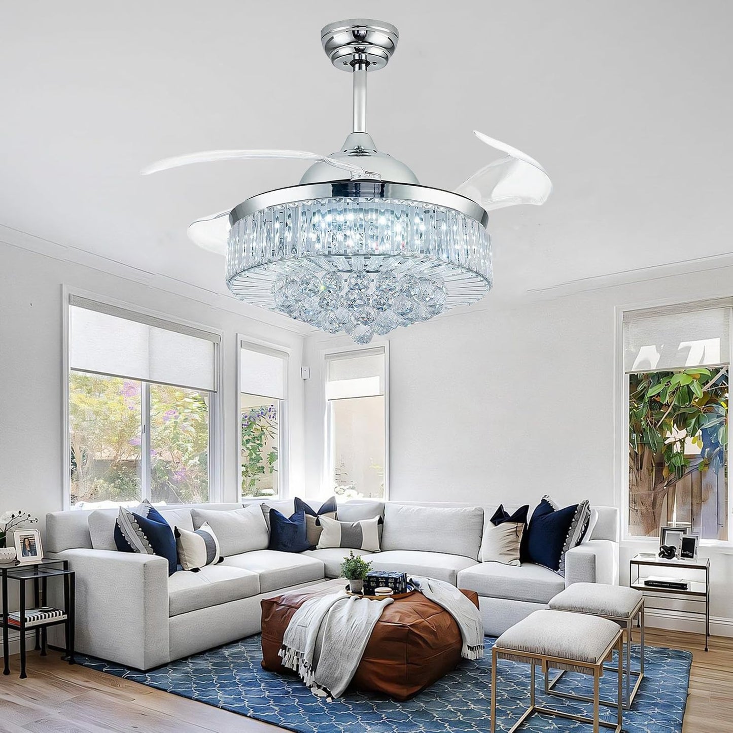 FIDGRA 42'' Fandelier Ceiling Fan with Light, Chandelier with Fan, Chrome