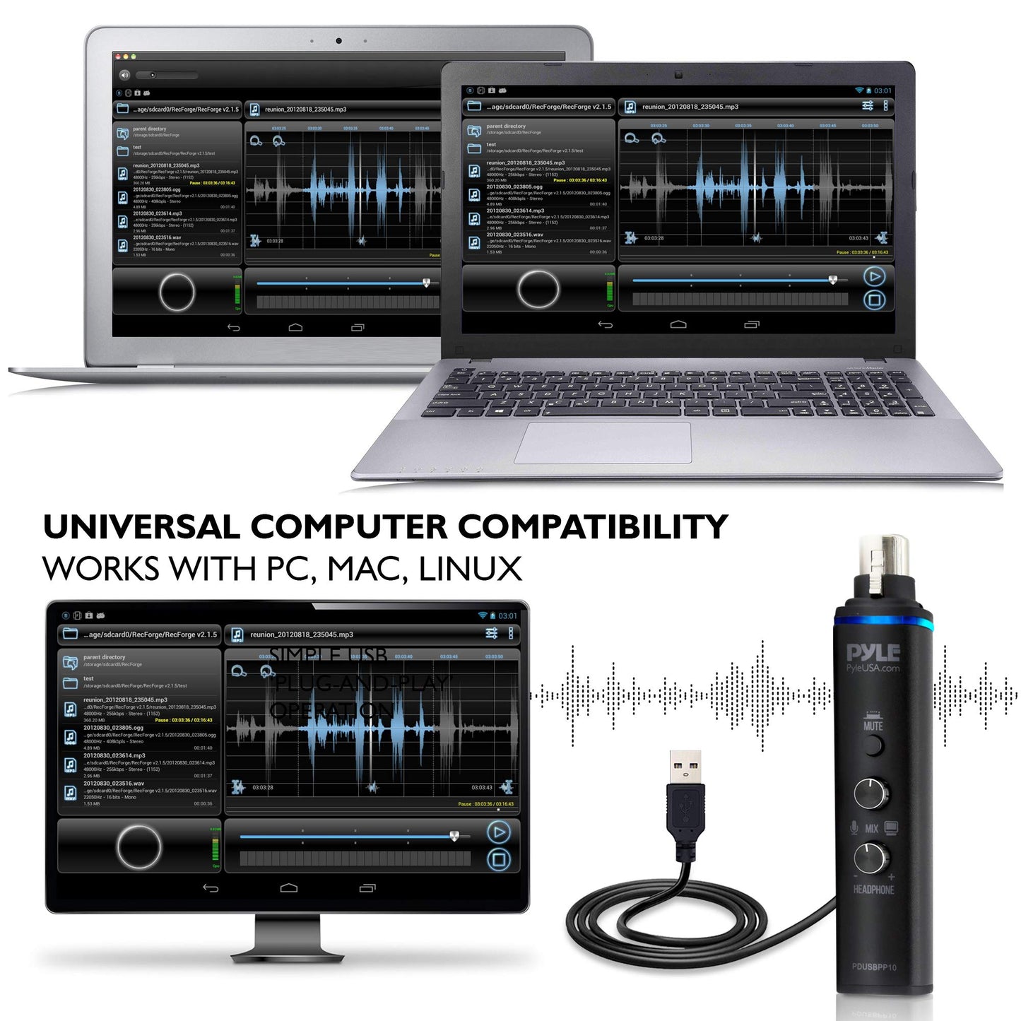 Pyle Microphone XLR-to-USB Signal Adapter - Universal Plug and Play XLR Mic to PC Adaptor for Digital Recording w/ Mix Audio Control, +48V Phantom