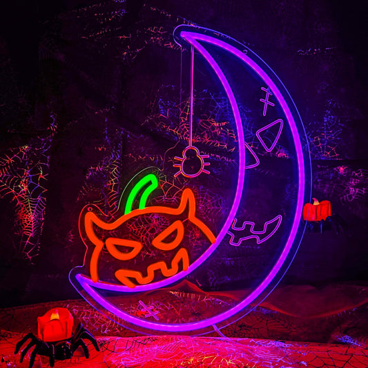 Halloween Pumpkin Moon Window Lights Decorations Indoor, Pumpkin&Moon Themed Neon Sign Decor LED Neon Lights for Wall Decor, Decorating Windows