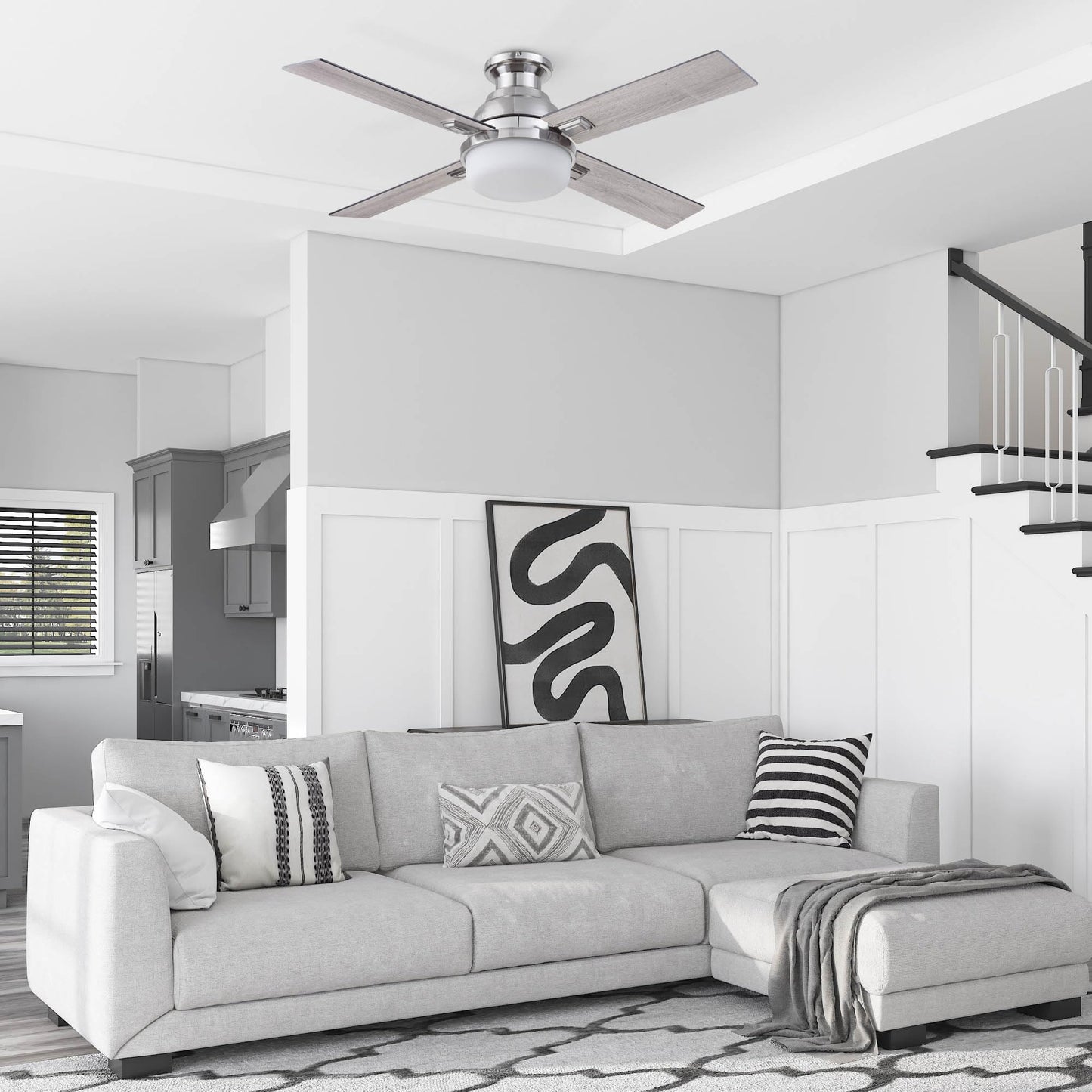 Prominence Home Kyrra, 52 Inch Contemporary Indoor Semi Flush Mount LED Ceiling Fan with Light, Remote Control, Dual Finish Blades, Reversible Motor