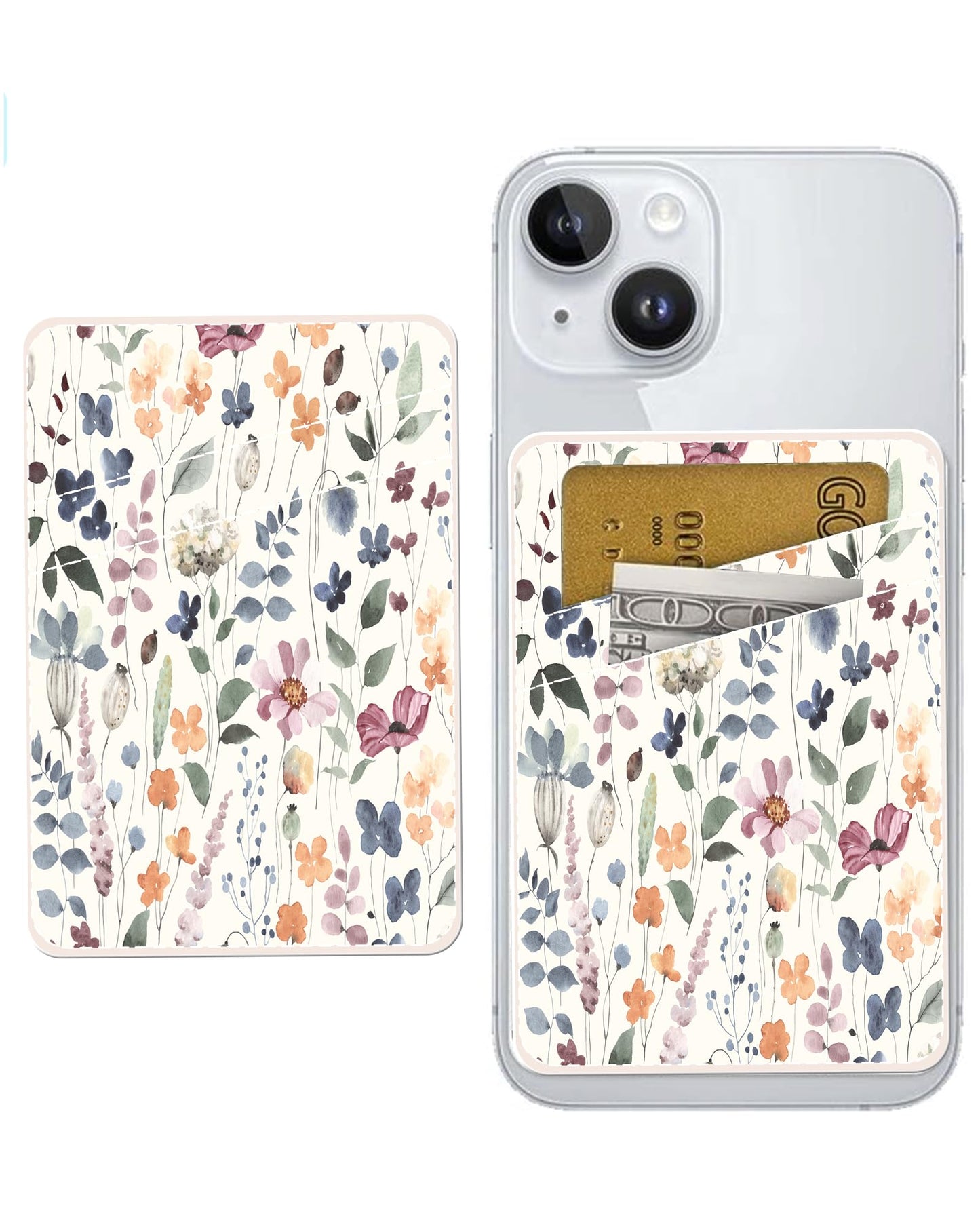 AOHRO Phone Card Holder - Dual Pocket Leather Wallet with Adhesive, Cute Credit Card Holder for Most Phones - Colorful Boho Leaf
