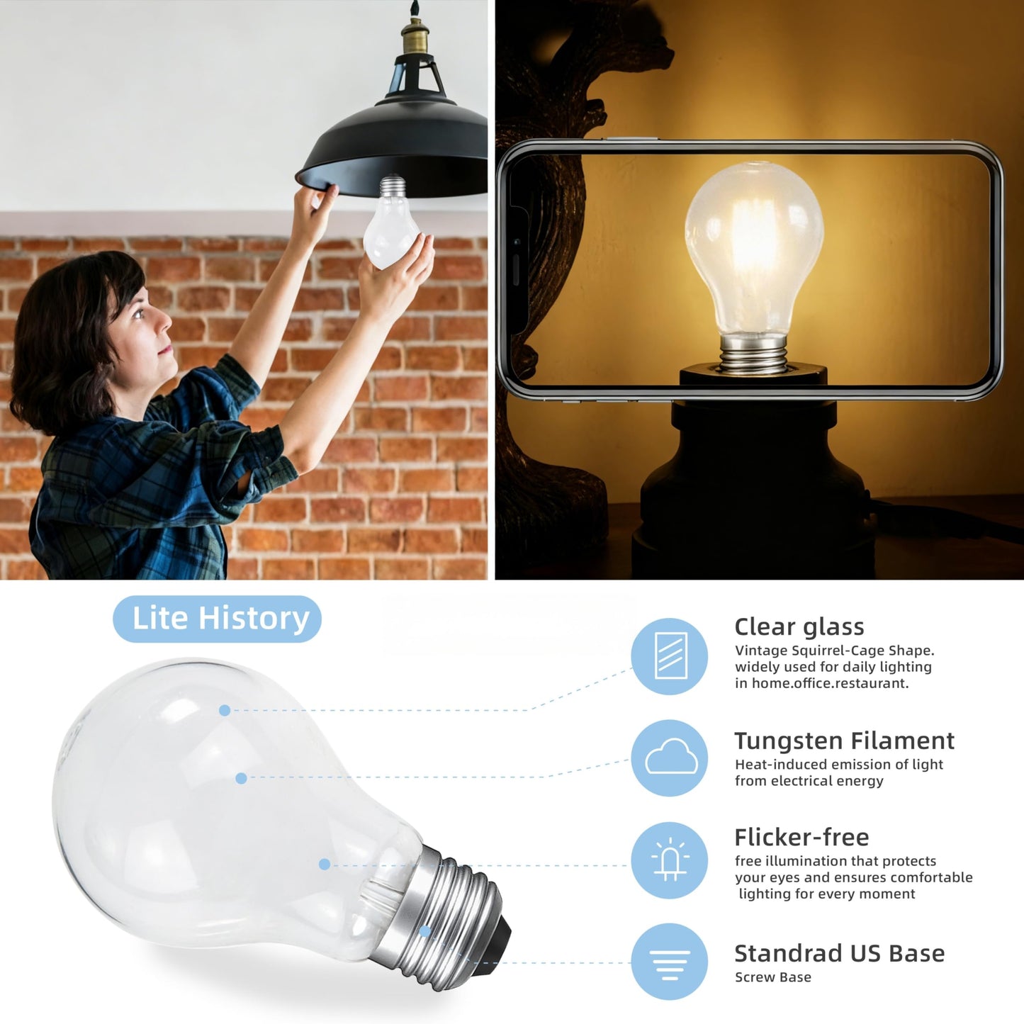 NABKRA 60W A19 Incandescent Light Bulbs, Soft White, 4 Pack