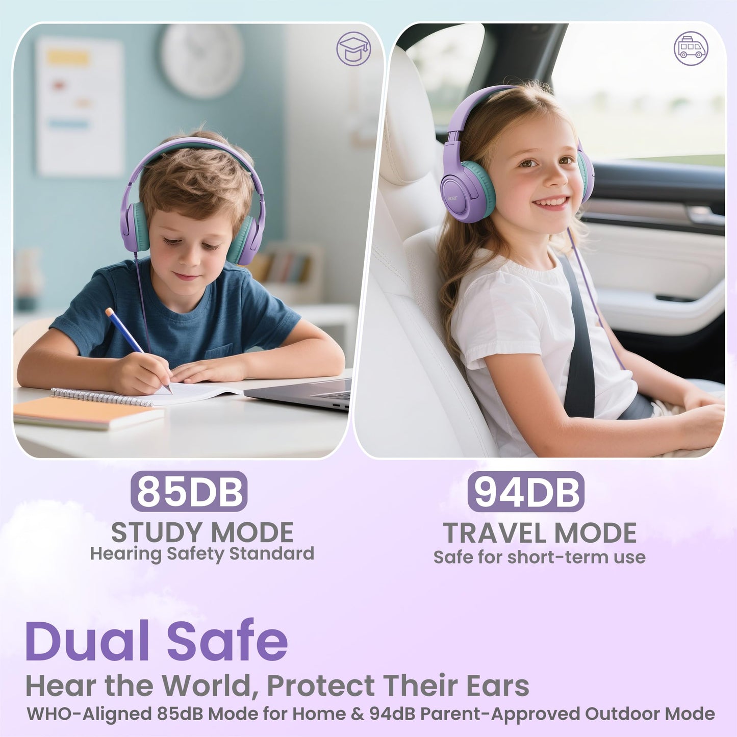 Acer 2?Pack Kids Headphones for School, 3.5mm Jack, w/Mic HK03?2P