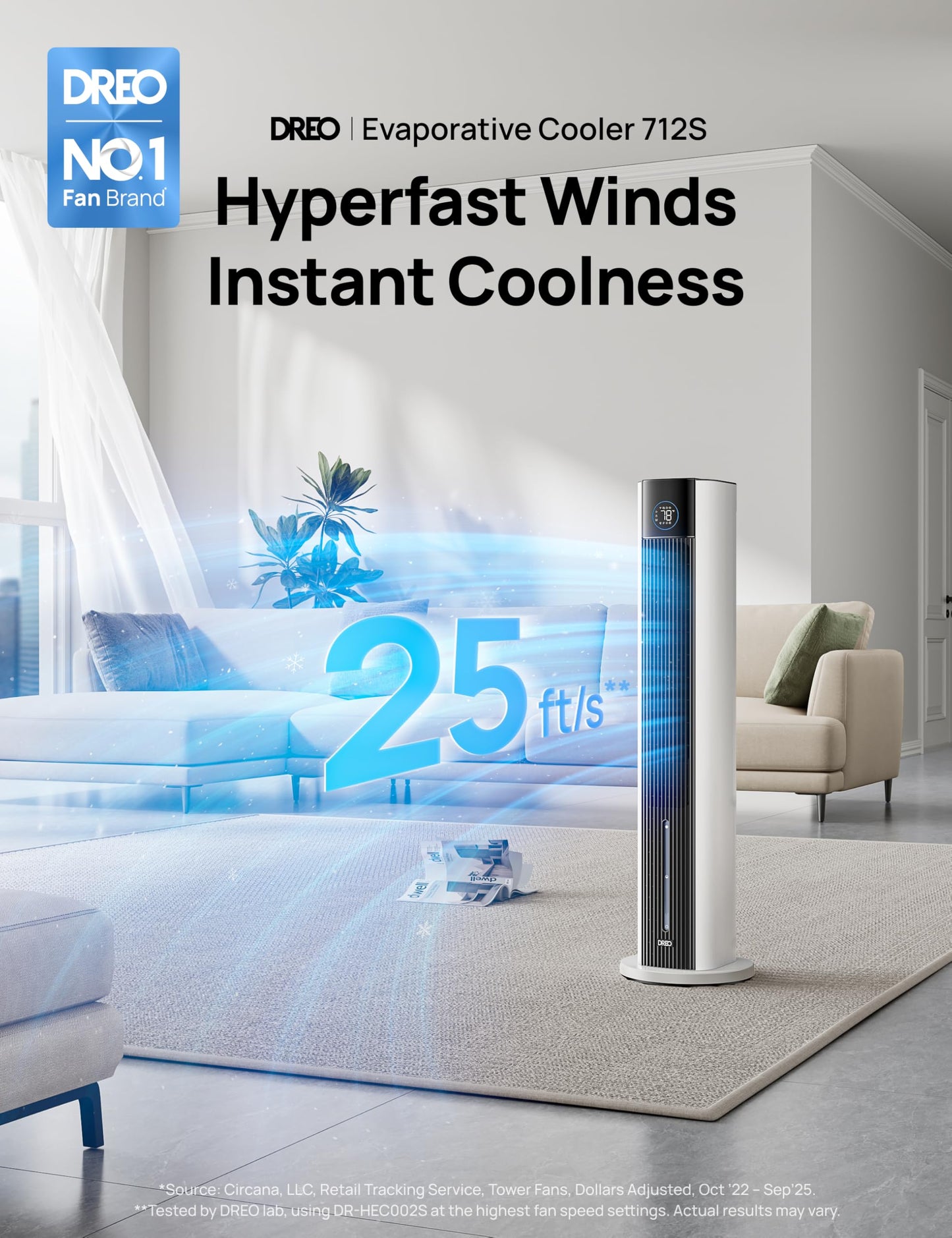 DREO Tower Fan for Bedroom, 43" Cooling Fans That Blow Cold Air 2025 Upgraded, Evaporative Air Cooler, Quiet 85° Oscillating Floor Fan, Easy Cleaning