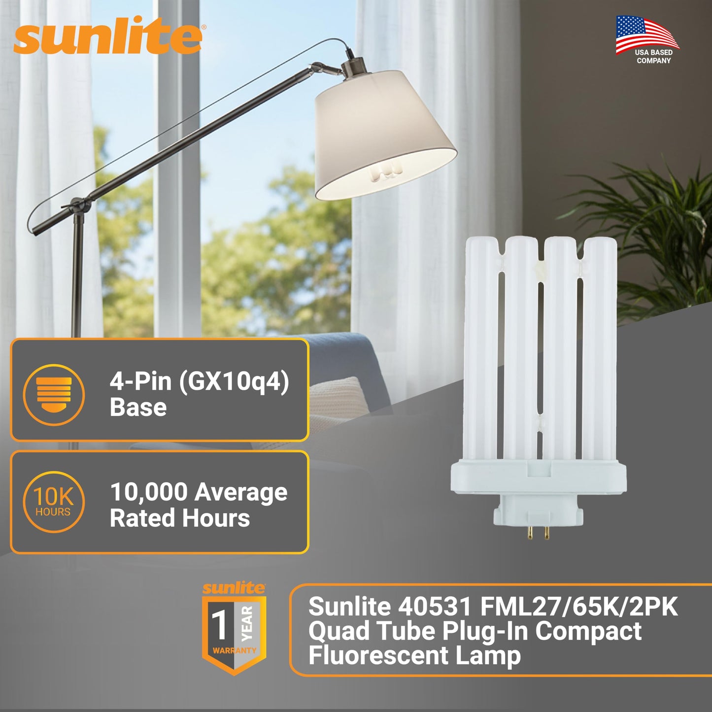 Sunlite 40531 FML27/65K/2PK Quad Tube Plug-in Compact Fluorescent Lamp, FML 4-Pin, 27 Watts, 1500 Lumens, 6500K Daylight, 4-Pin (GX10q4) Base, 120