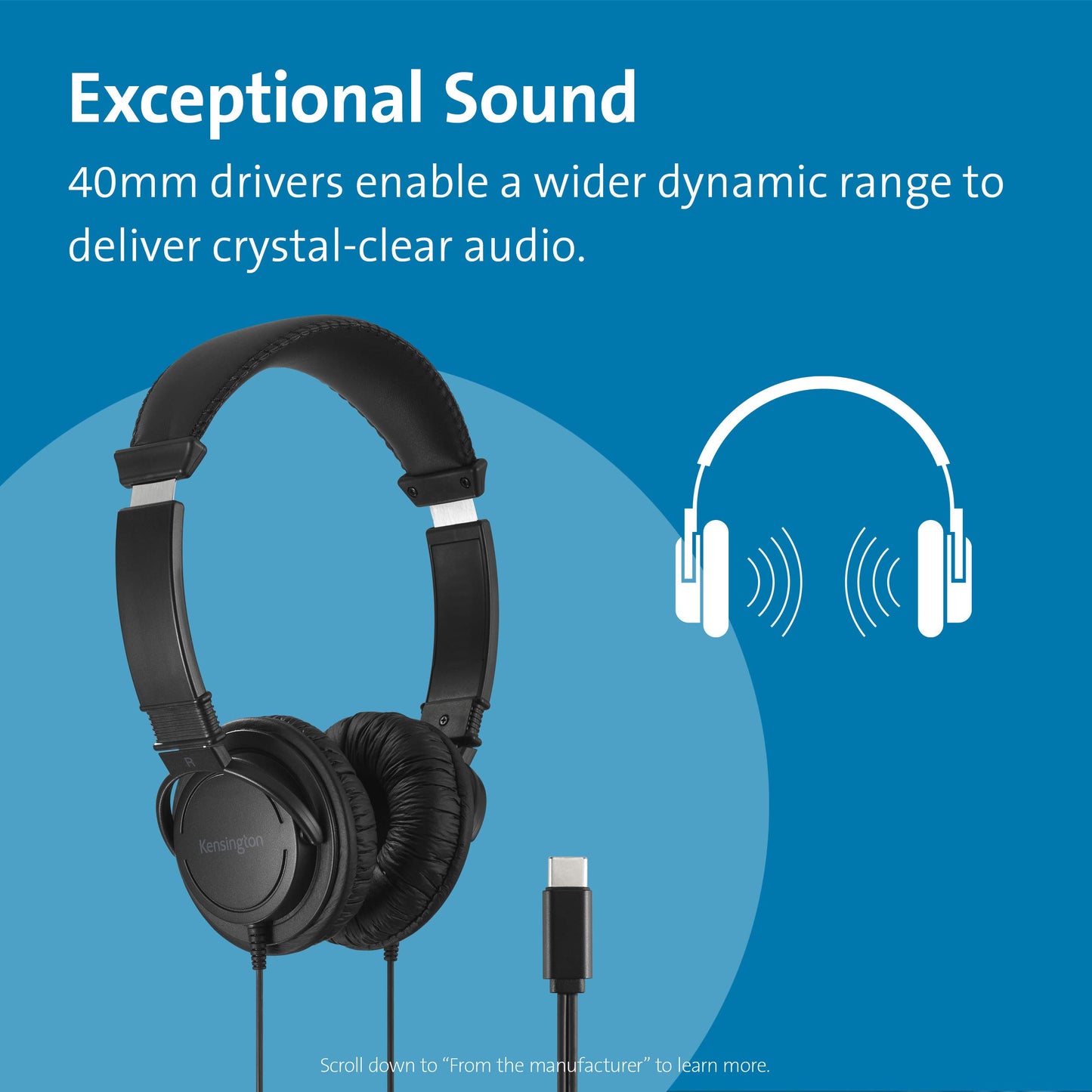 Kensington USB-C Hi-Fi Headphones, On-Ear for Kids, for School, for Adults, Padded Adjustable Headband, 6 ft Cord (K97456WW), Black