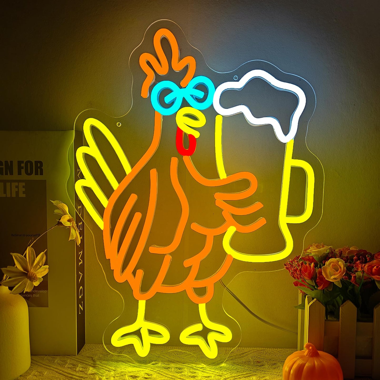Taaneyo Beer Cock Neon Sign Funny Rooster Neon Light for Wall Decor Man Cave, Dimmable Beer Chicken for Bar Pub Club, Birthday Christmas Thanksgiving