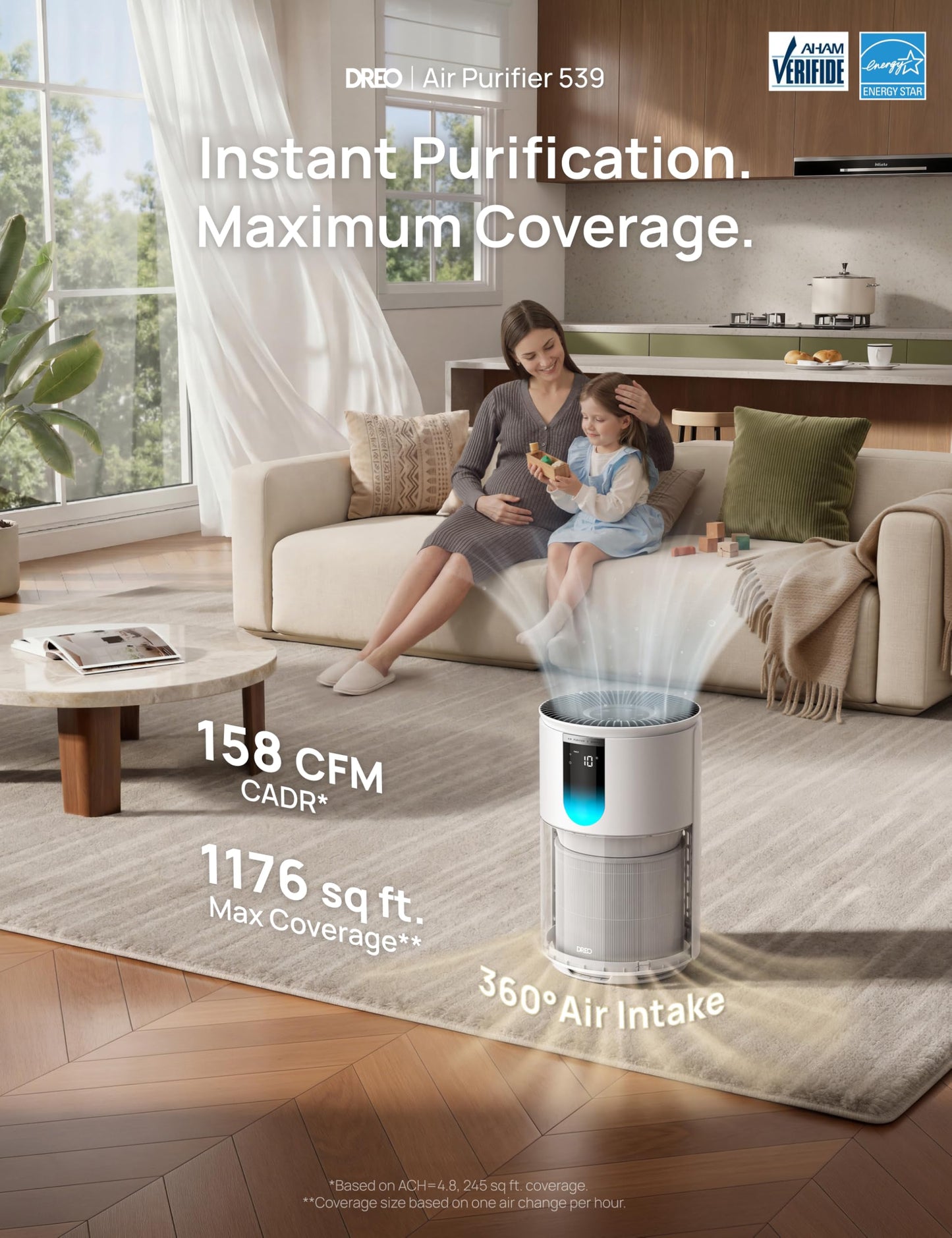 DREO Air Purifier for Home, Up to 1176 ft², HEPA Sleep Mode, Air Purifiers for Large Room & Bedroom, Pets, Smoke, Dust, Pollen & Odors, PM2.5 Monitor