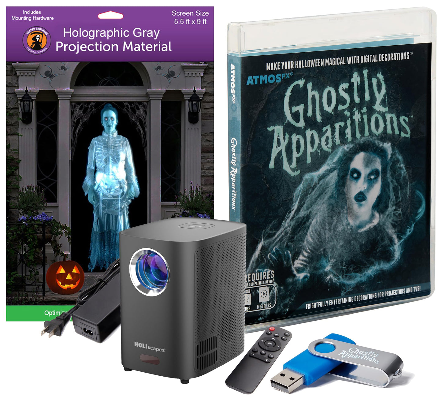 HoliScapes® USB Projector Kit - AtmosFx Ghostly Apparitions USB + Projector + 5.5' x 9' Large Gray Holographic Screen for Halloween Projection
