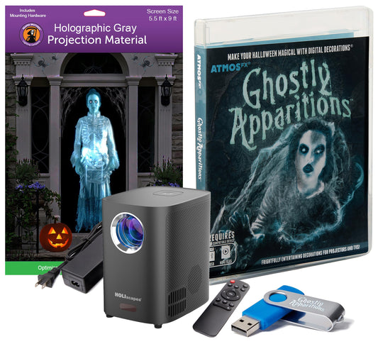 HoliScapes® USB Projector Kit - AtmosFx Ghostly Apparitions USB + Projector + 5.5' x 9' Large Gray Holographic Screen for Halloween Projection
