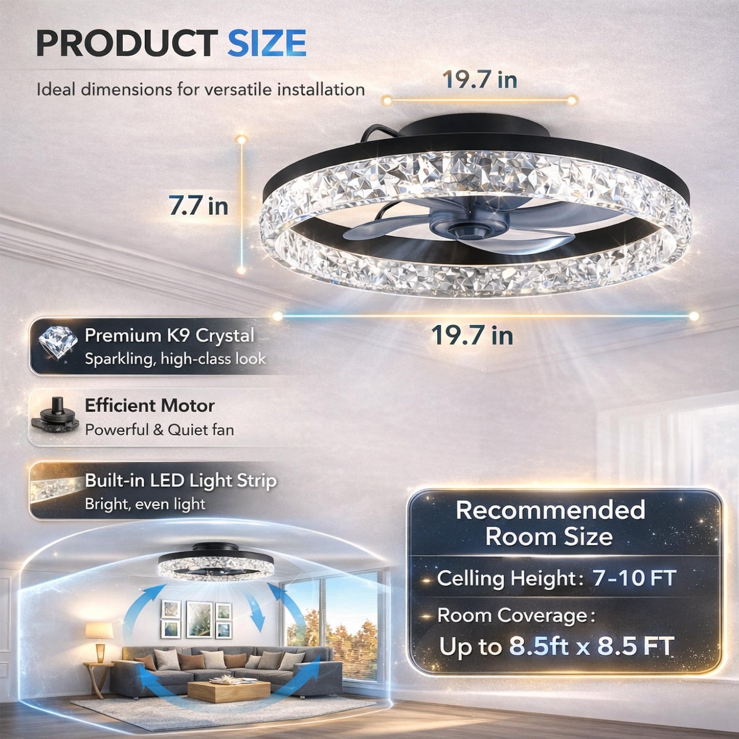 Modern Ceiling Fans with Lights, 20 inch Low Profile Ceiling Fan with Light, Remote and App Control, Stepless Color Temperature Change and 6 Speeds
