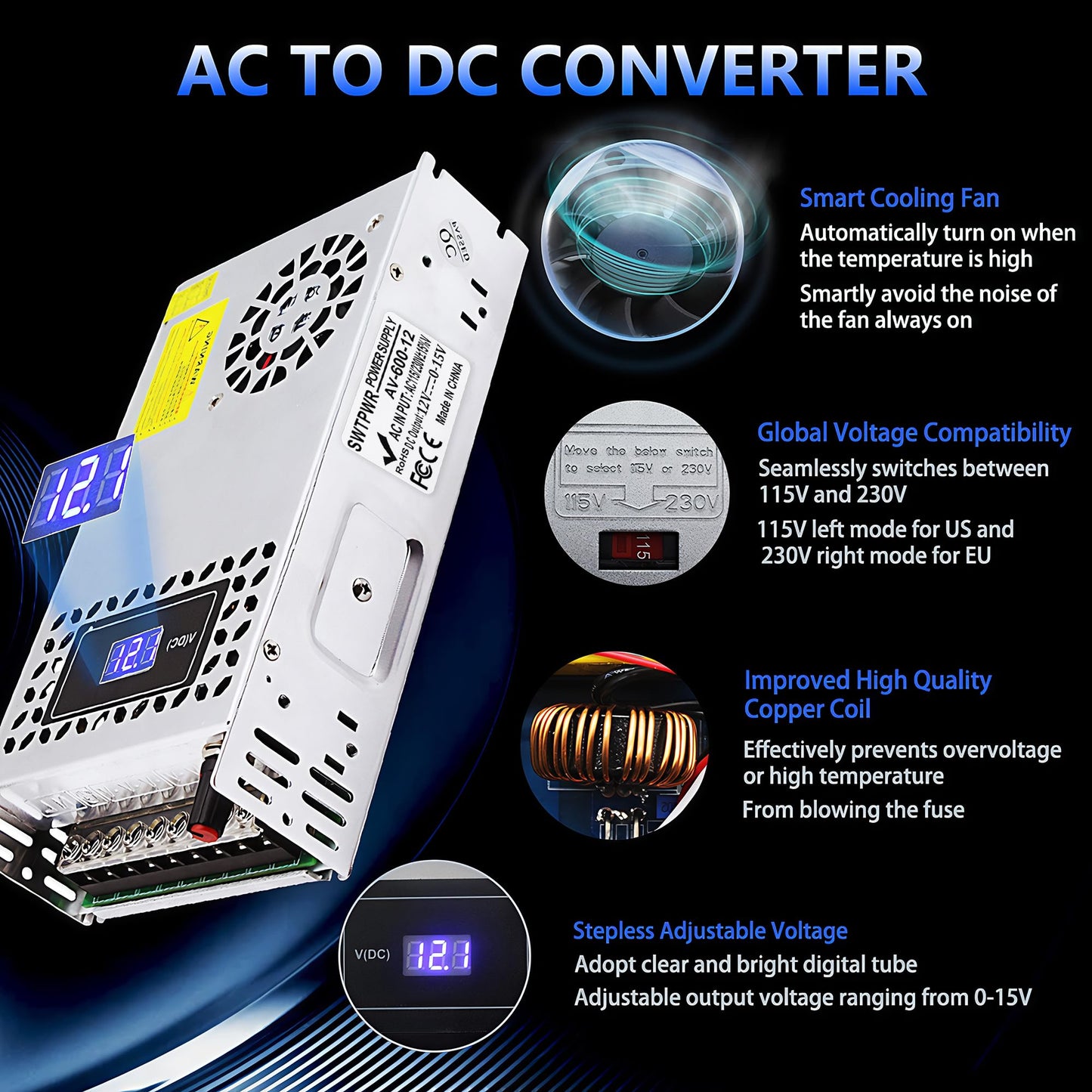 SWTPWR Variable Power Supply DC 0-12V 600W with LED Display 12V Power Supply Adjustable AC to DC Converter 110V to 12V Designed for LED Light Car…