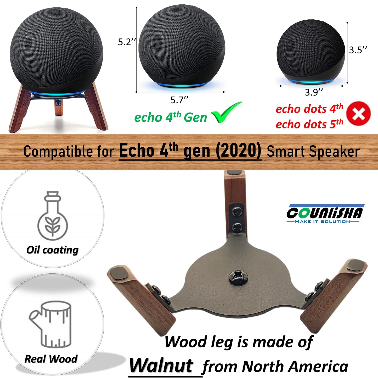 Real Wood Stand for Echo (4th Gen) Speaker (2020),Tripod Holder Accessories Protect Alexa Speaker for Sound Better,Secure Stable Wooden Mount with