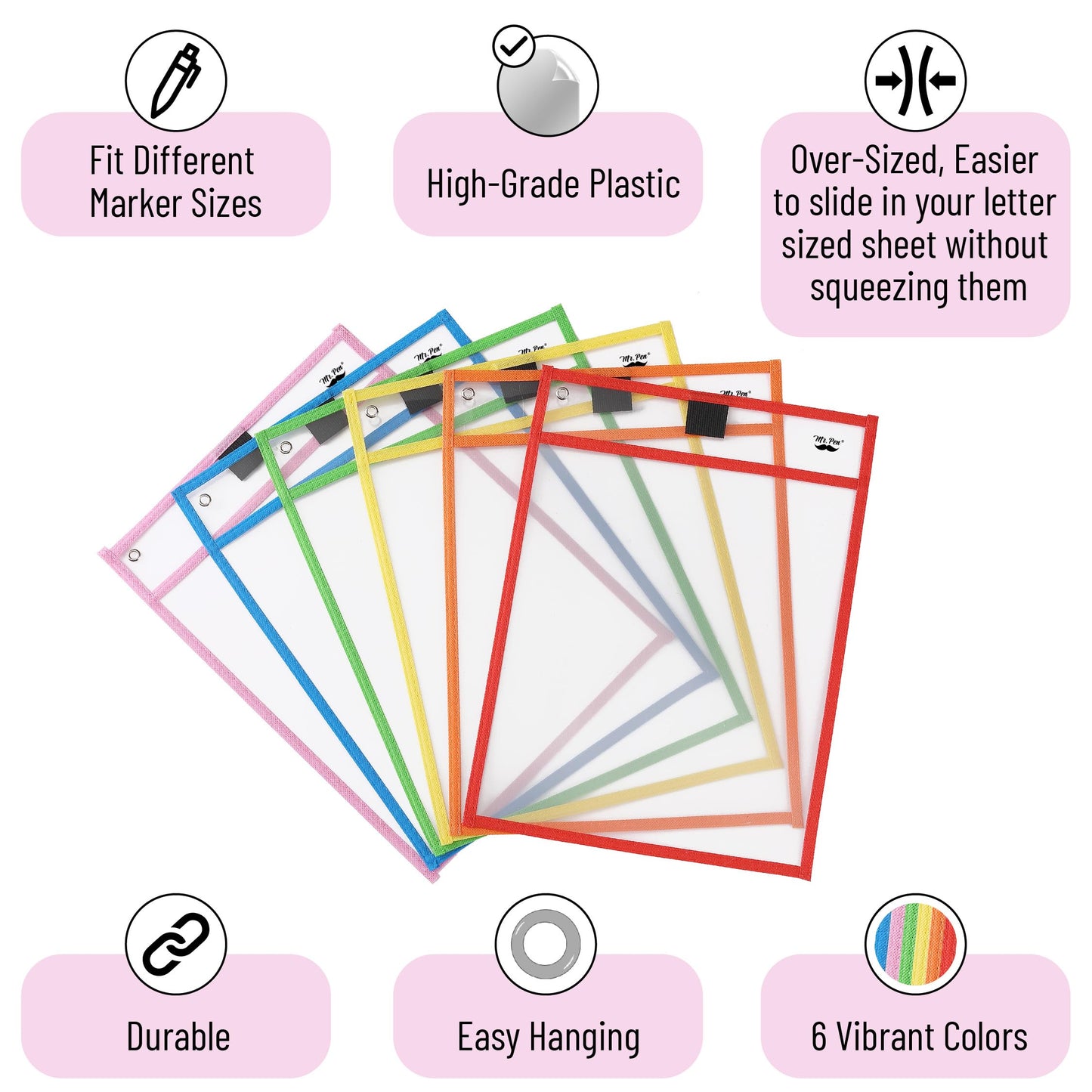 Mr. Pen- Reusable Dry Erase Pocket Sleeves, 10" x 14", 6 Pack, Colorful