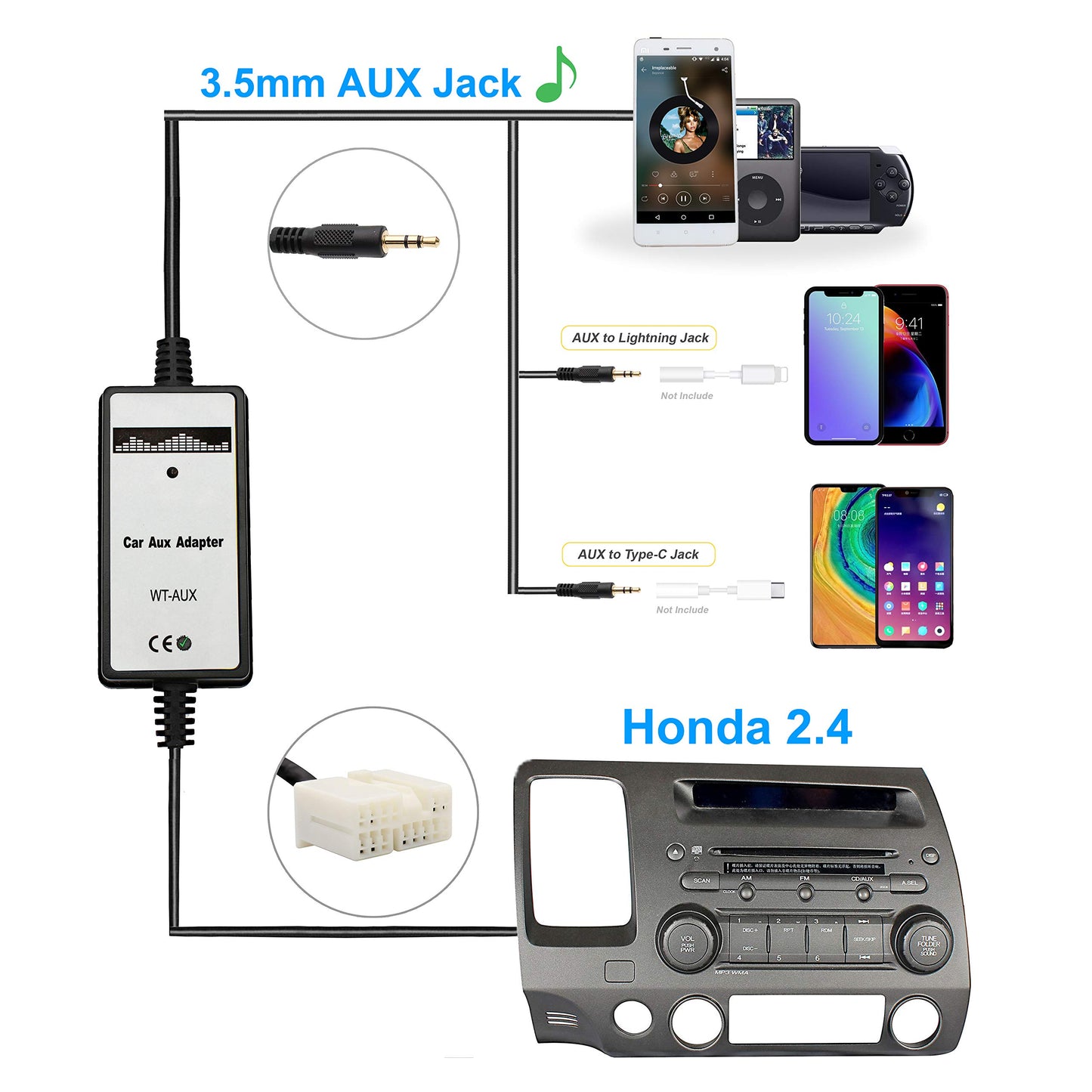 Yomikoo AUX Adapter, Car Audio 3.5mm AUX Cord MP3 CD Changer Compatible with Honda Civic 2006-2010, Accord 2003-2011, Odyssey 2005-2010, Pilot