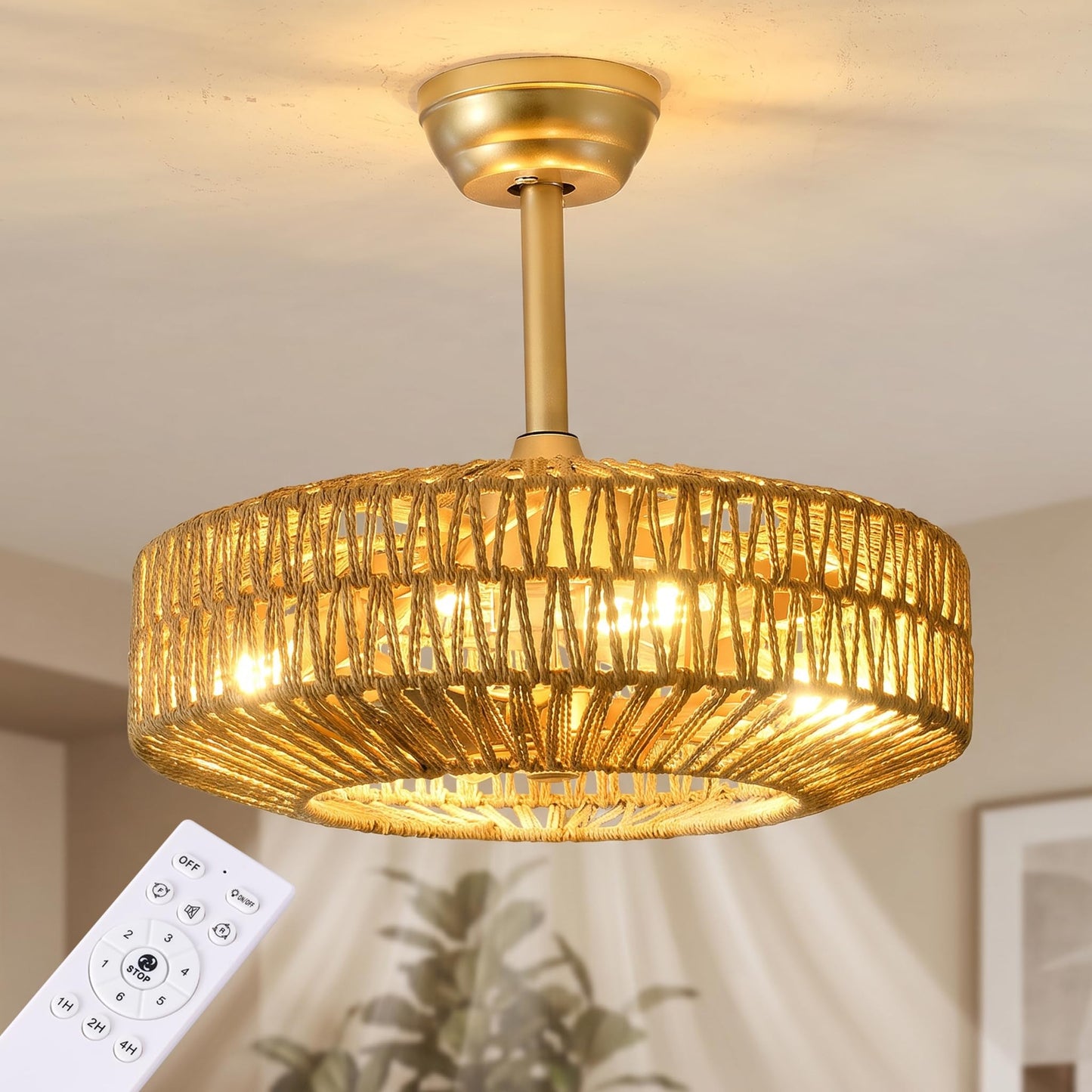 Boho Caged Rattan Fandelier Ceiling Fans with Lights and Remote Control