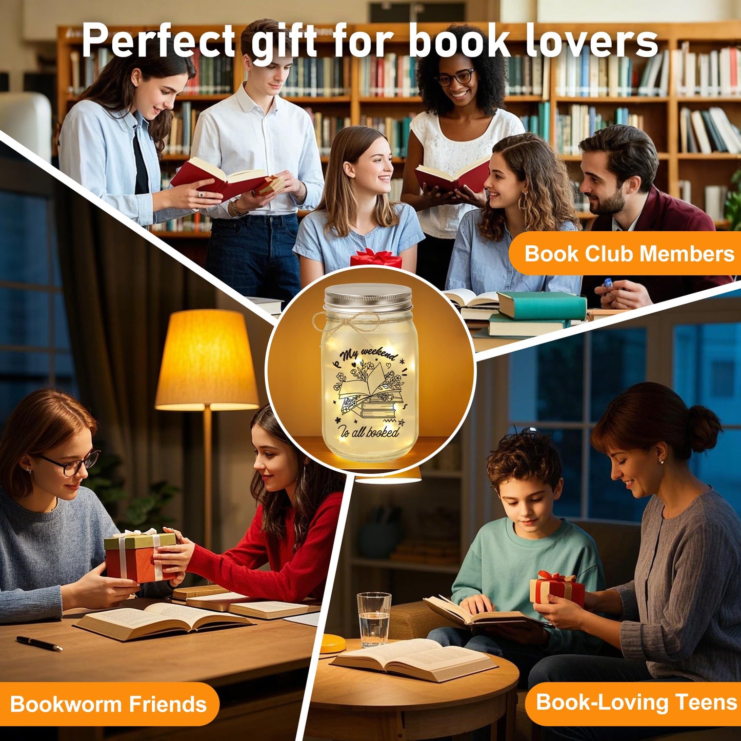 GiftGlow Book Lovers Gifts - Mason Jar Light Bookish Gift for Women, Readers, Bookworms, Librarians, Book Club, Book Themed Gifts, Cozy Reading Nook