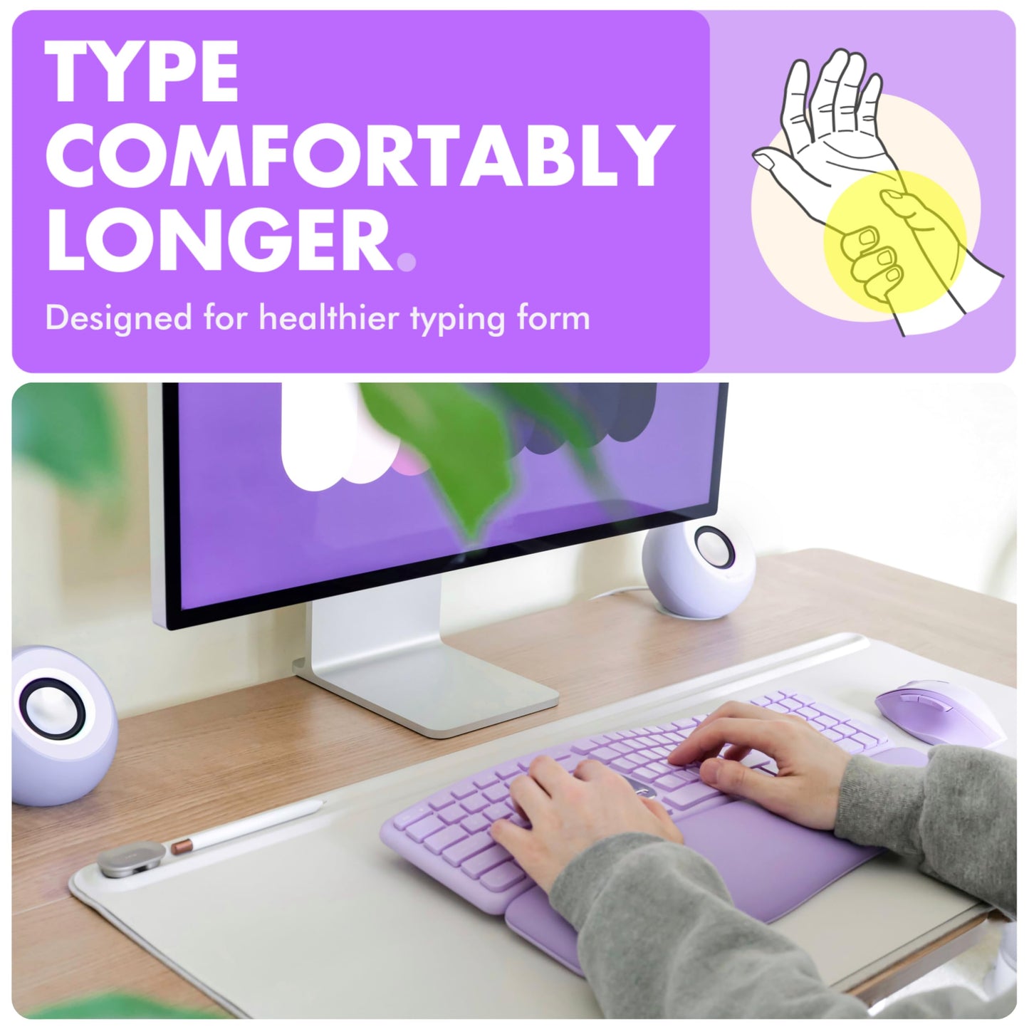 X9 Ergonomic Keyboard and Mouse Wireless Combo - Purple Keyboard and Mouse Wireless, Bluetooth/2.4G Split, Wrist Rest, Rechargeable, Silent Ergo Keys