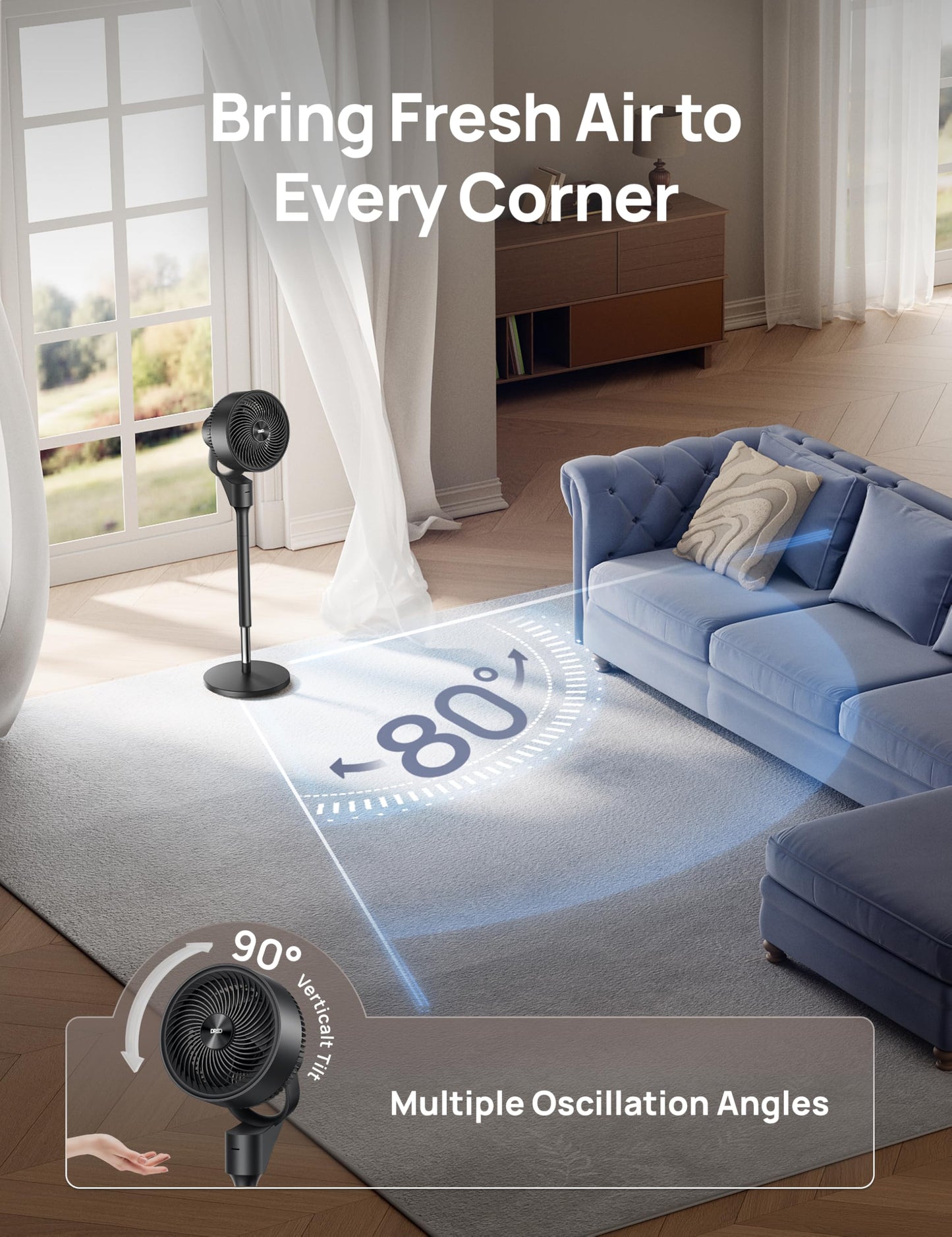 DREO Fan for Bedroom, 80° Oscillating Standing Fan, 20dB Quiet, 80ft Pedestal Fans for Home Office, 90° Manual Vertical, 3 Speeds, Remote, 34-41"