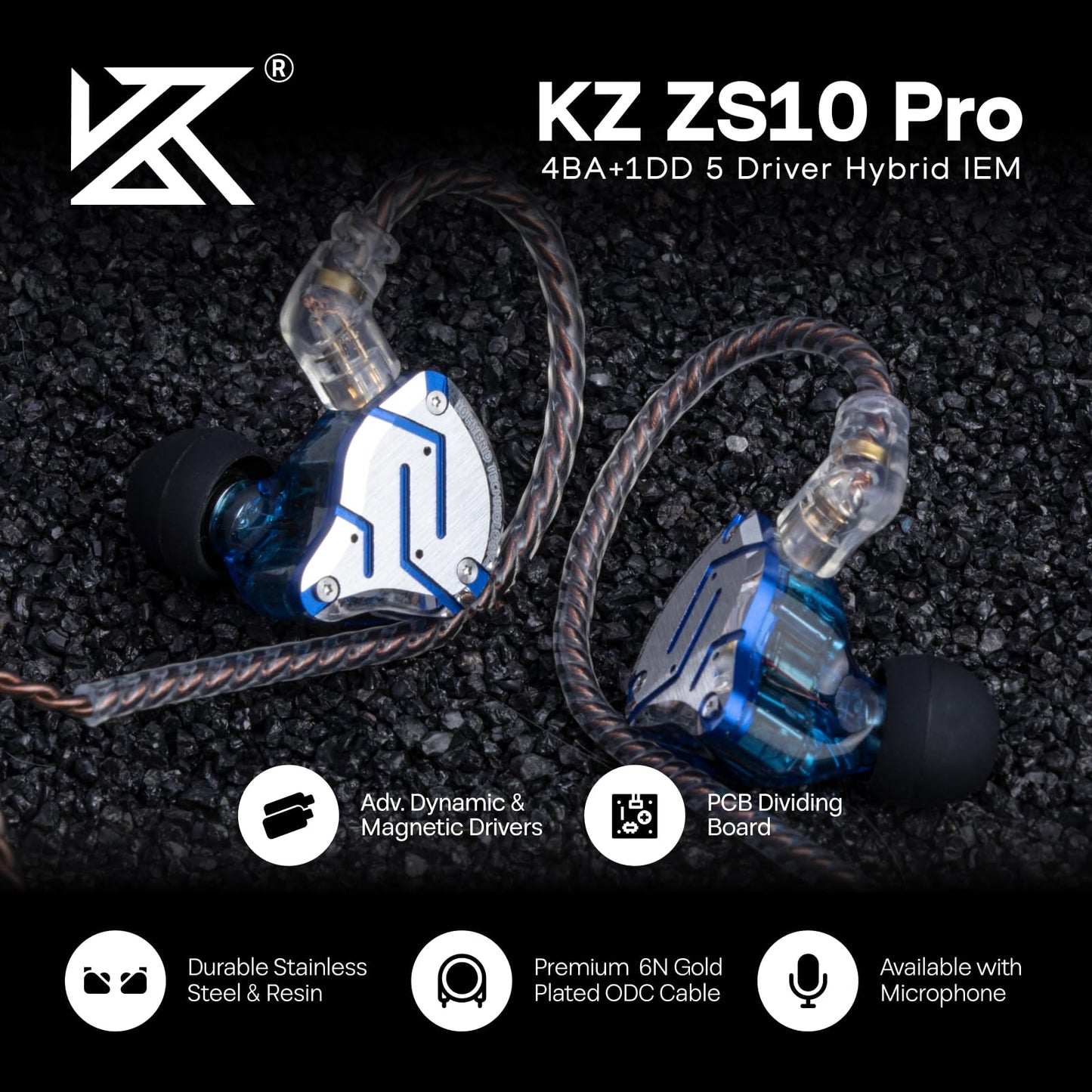 Linsoul KZ ZS10 Pro, 4BA+1DD 5 Driver in Ear Monitor, HiFi Wired Earbuds, Gaming Earbuds, Hybrid IEM Earphones with Stainless Steel Faceplate