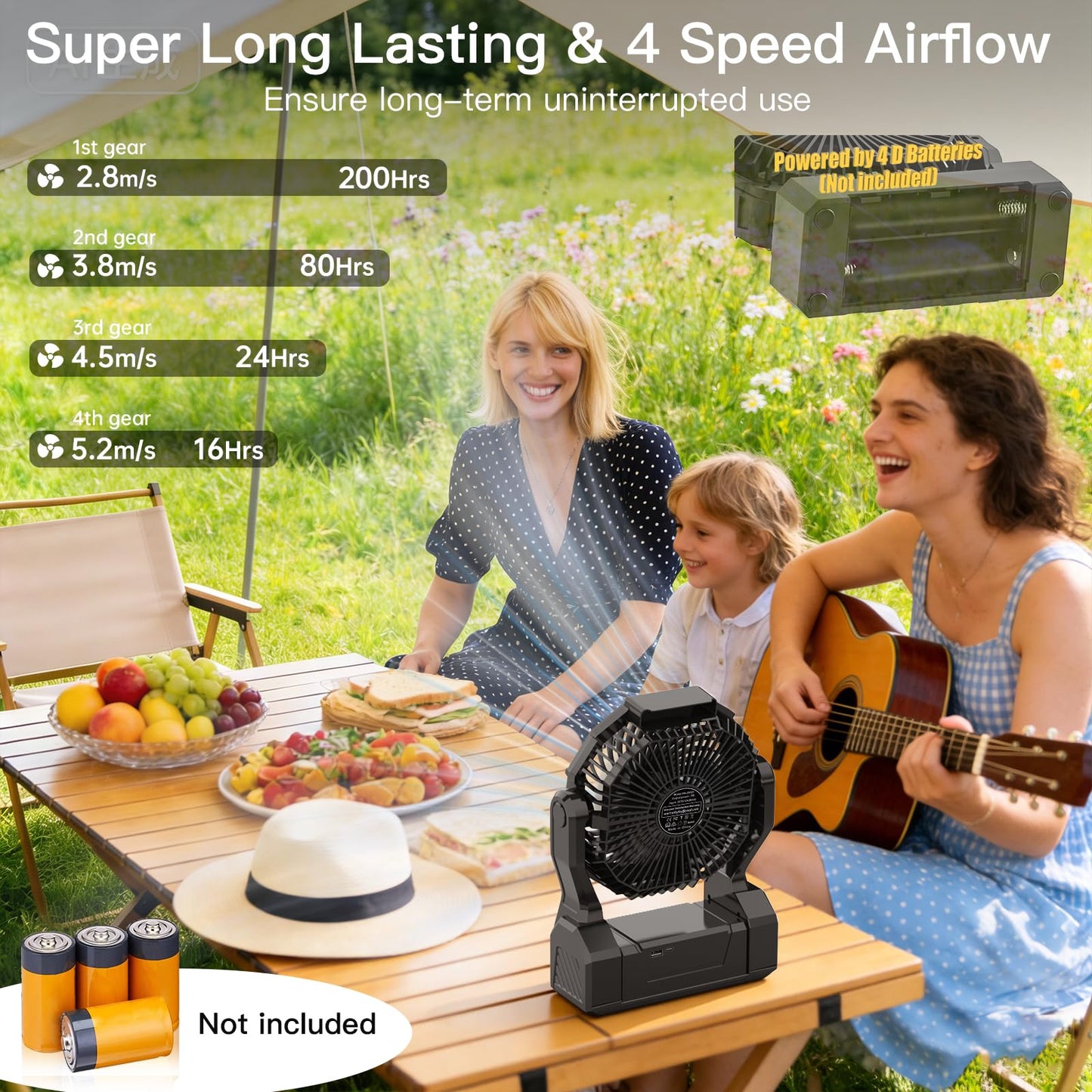 Battery Operated Fan, 2-in-1 D-Cell Battery & USB Powered Portable Fan with 4 Speeds, 3 Timers & 2 Light Modes, Super Long Lasting Camping Fan
