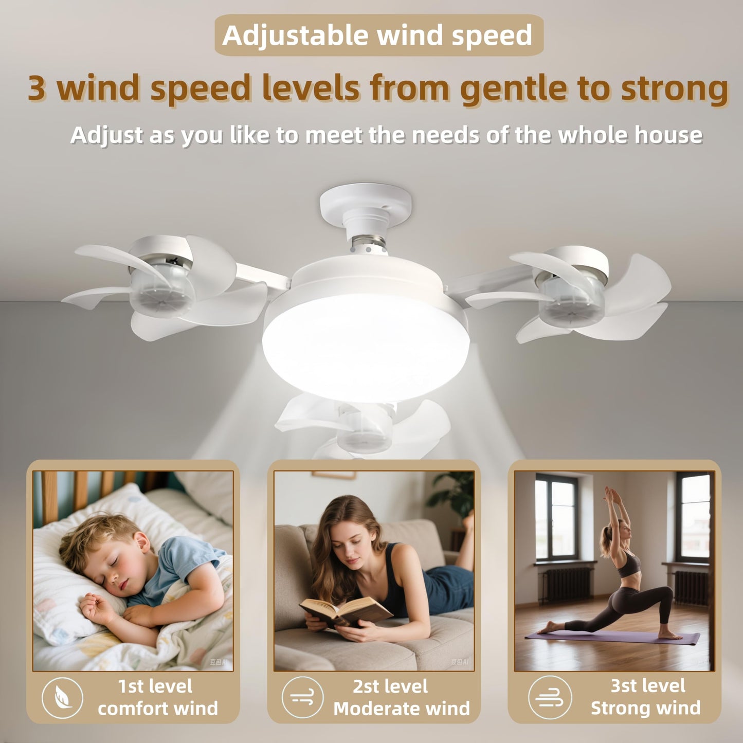 Screw In Ceiling Fan with Light Socket Remote Control, 2-in-1 Foldable Light Socket Fan with LED , 3-Speed Wind, Adjustable Brightness, Easy