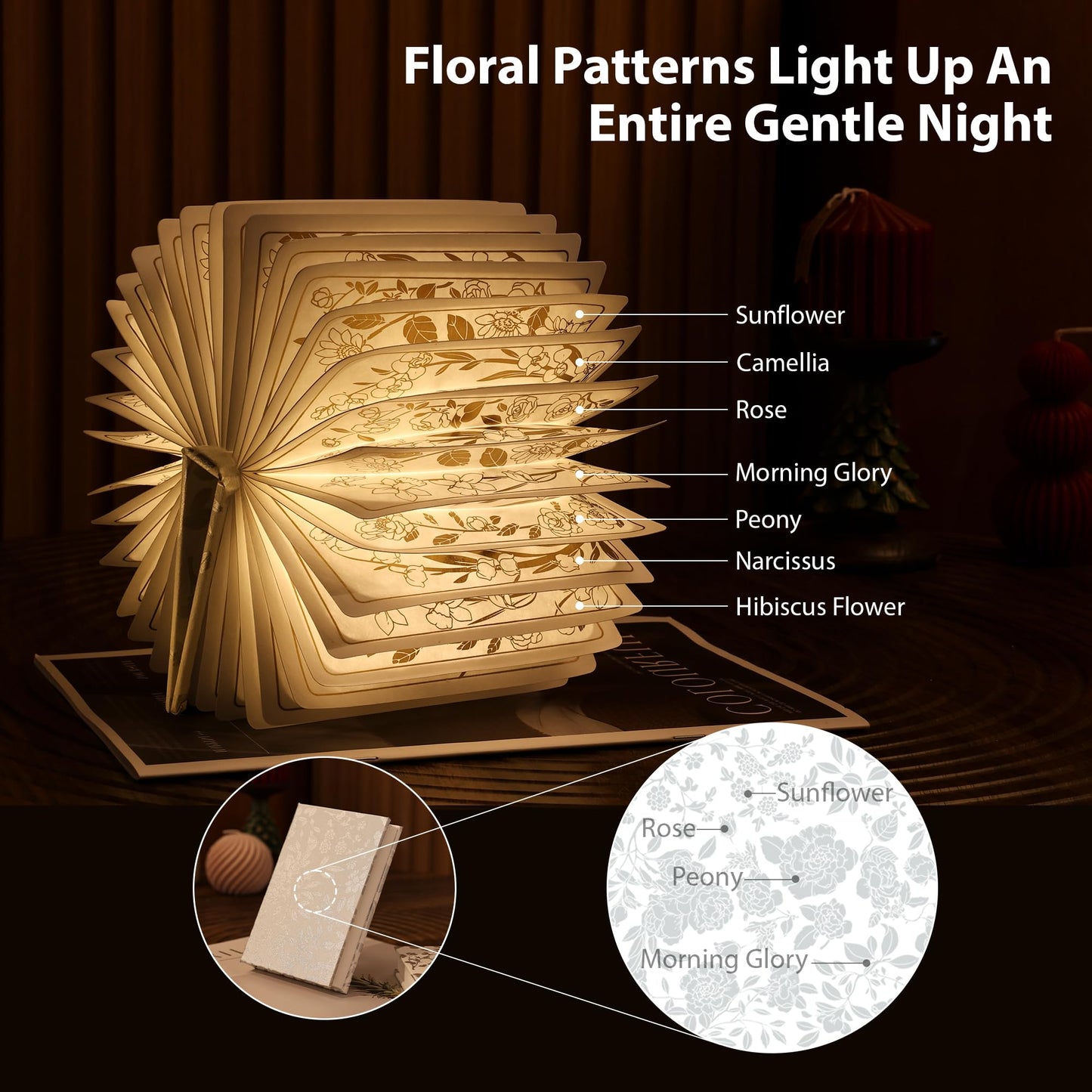 ZBOLE Floral Print Book Light,3-Color Book Lamp Book Lovers Gifts | 1200mAh Portable Foldable Paper Desk Lamp | Night Reading Bookshelf Lamp,Valentine